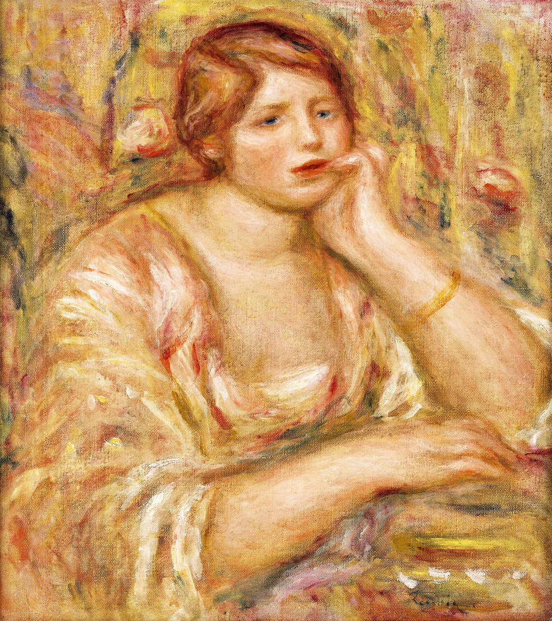 Kvinde med hånden til ansigtet; Femme de Face, Accoudee, 1919 af Pierre Auguste Renoir