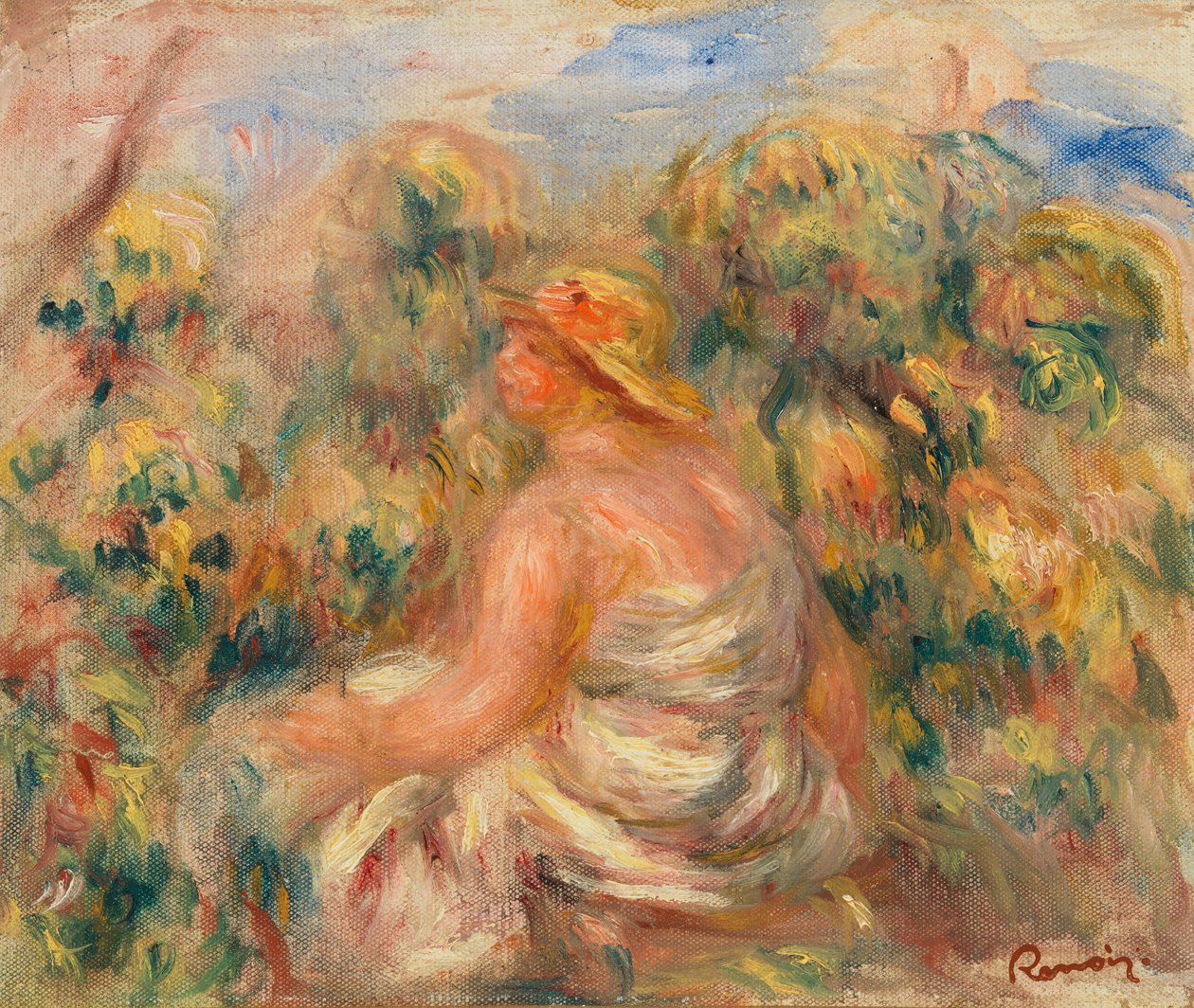 Kvinde med hat i et landskab af Pierre Auguste Renoir