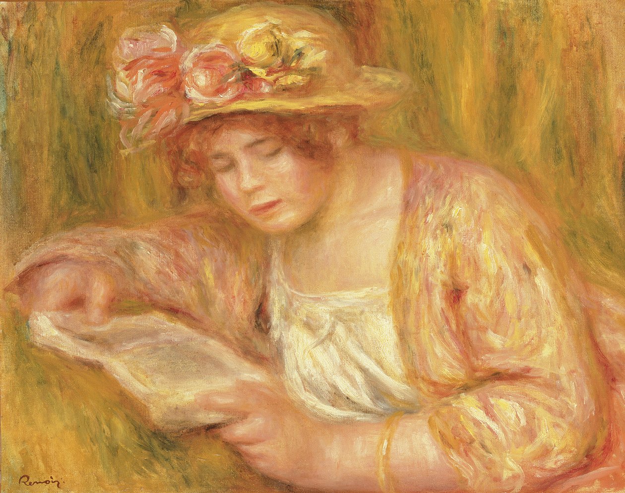 Woman with a Hat Reading, ca. 1917-18 (olie på lærred) af Pierre Auguste Renoir
