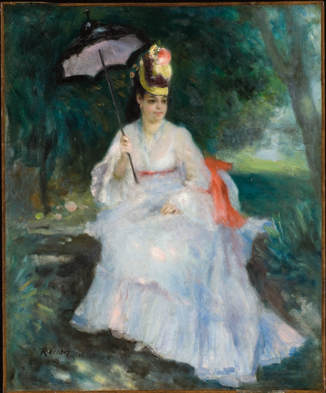 Kvinde med parasol siddende i haven (Lise Trehot) af Pierre Auguste Renoir