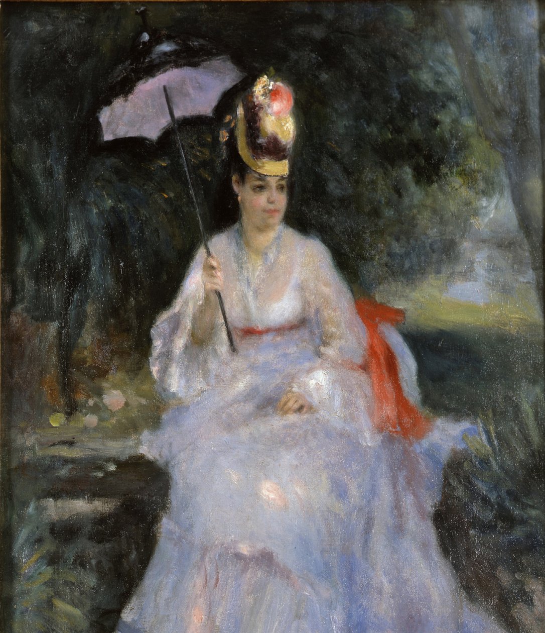 Kvinde med parasol siddende i en have, 1872 af Pierre Auguste Renoir