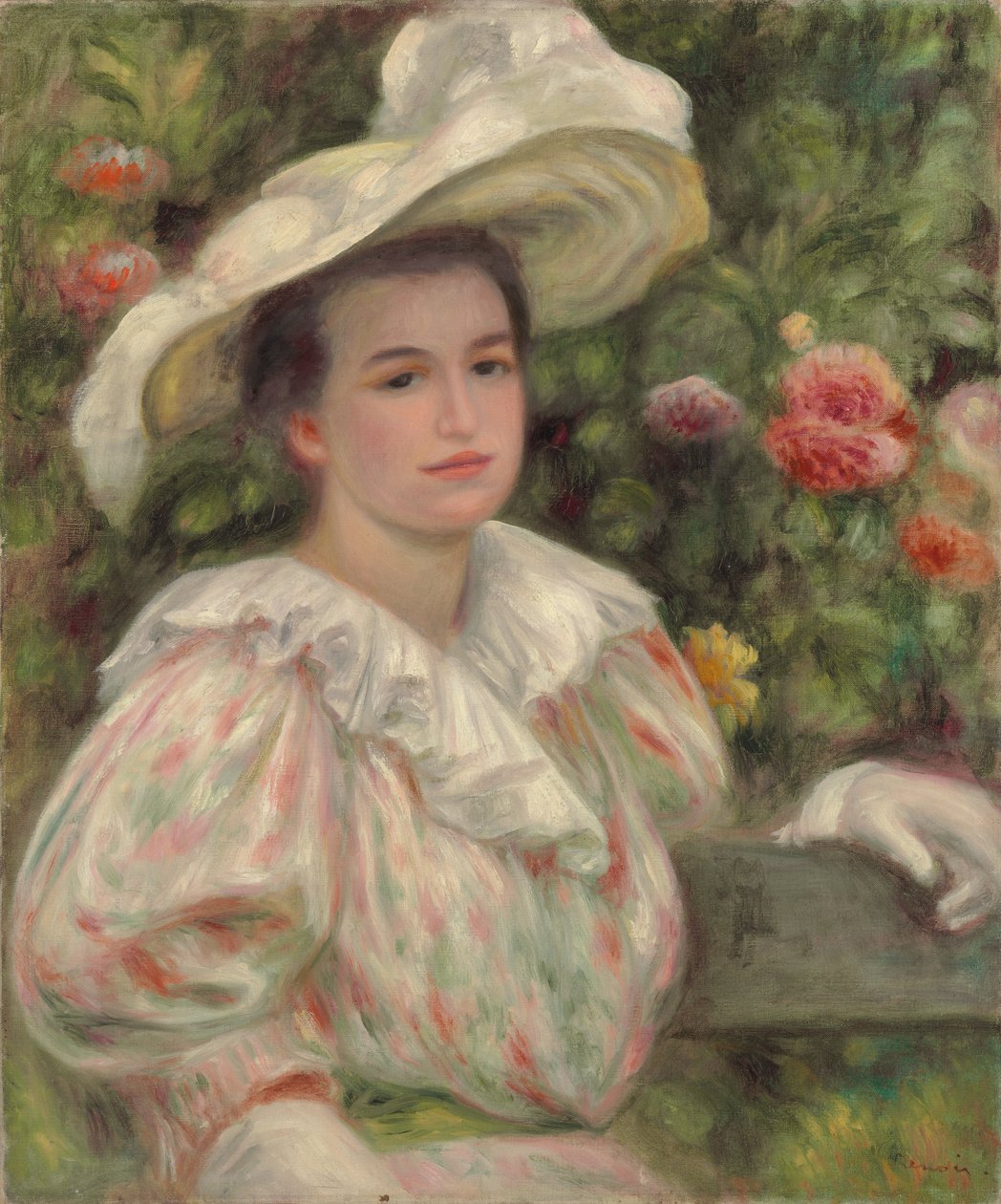 Ung pige blandt blomster eller kvinde med hvid hat; Ung pige i guldblomster Kvinde i hvid hat, ca. 1895 af Pierre Auguste Renoir