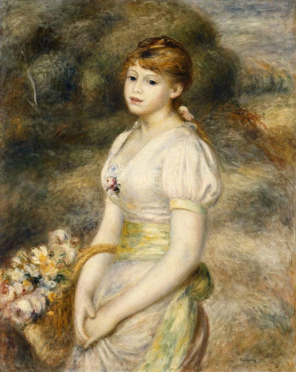Ung pige, der bærer en kurv med blomster; Ung pige bærer en kurv med blomster, 1888 af Pierre Auguste Renoir
