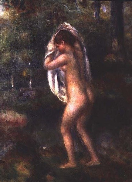 Ung pige klæder af (olie på lærred) af Pierre Auguste Renoir