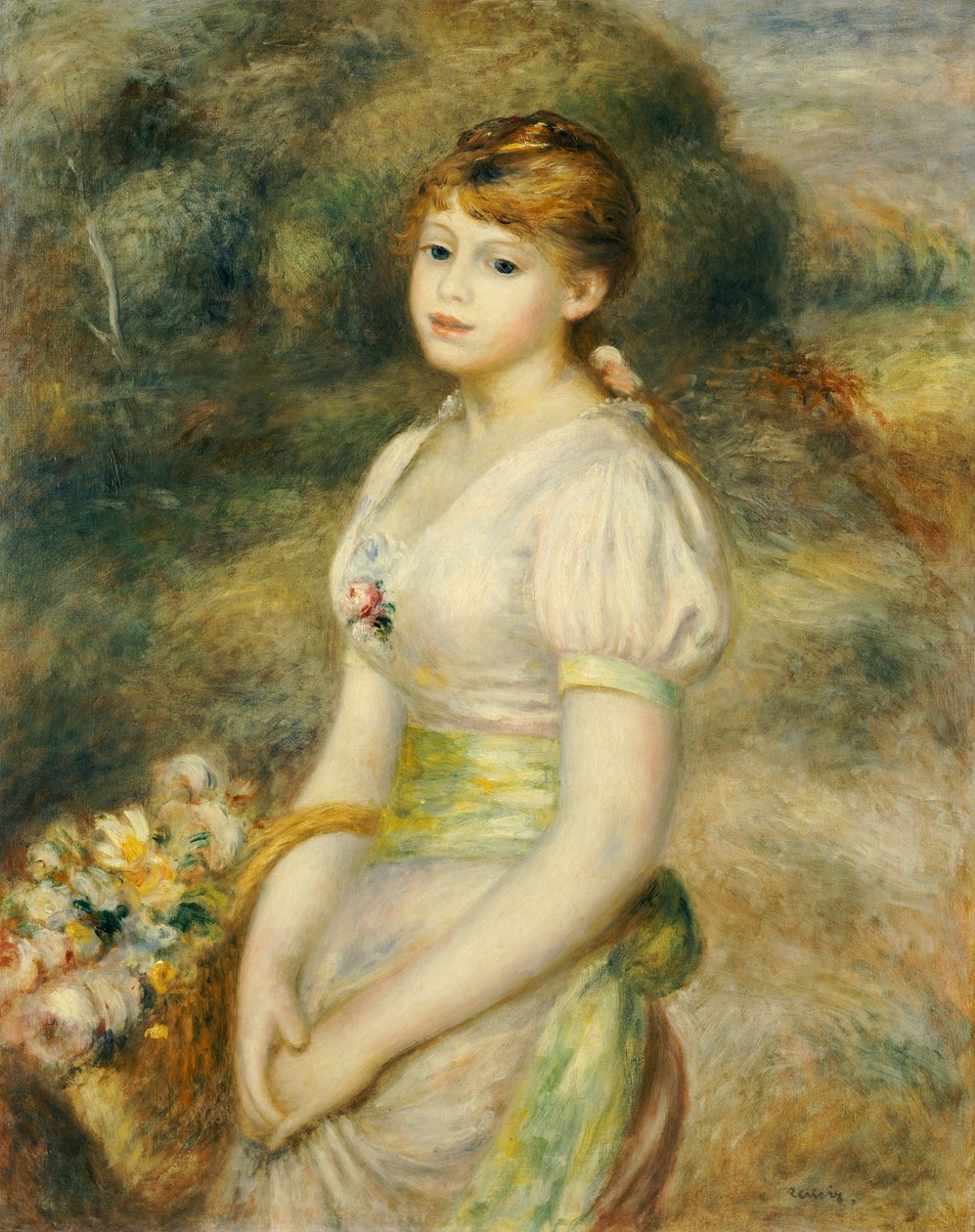 Ung pige med en kurv med blomster (olie på lærred) af Pierre Auguste Renoir