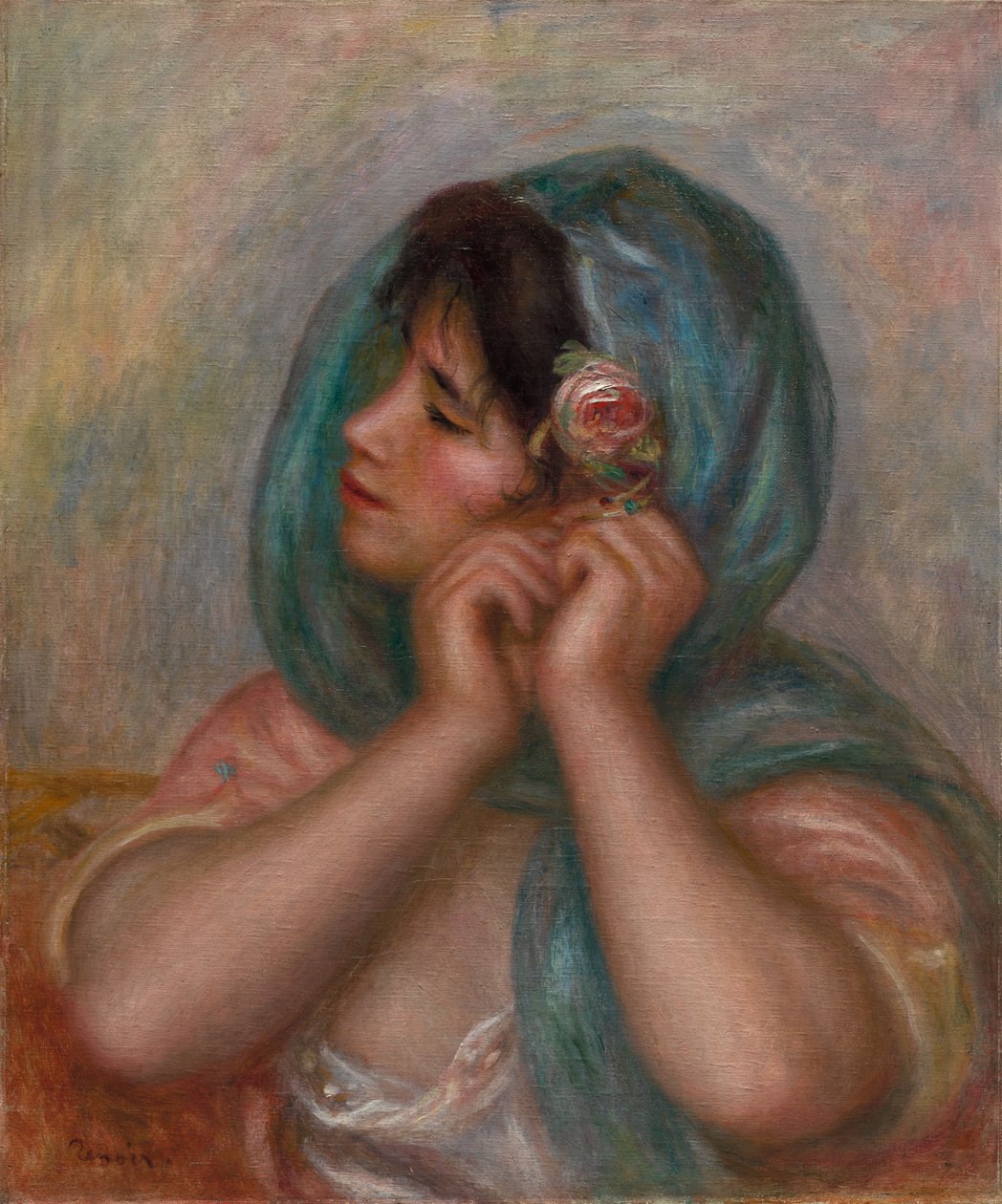 Ung kvinde arrangerer sin ørering, 1905. af Pierre Auguste Renoir