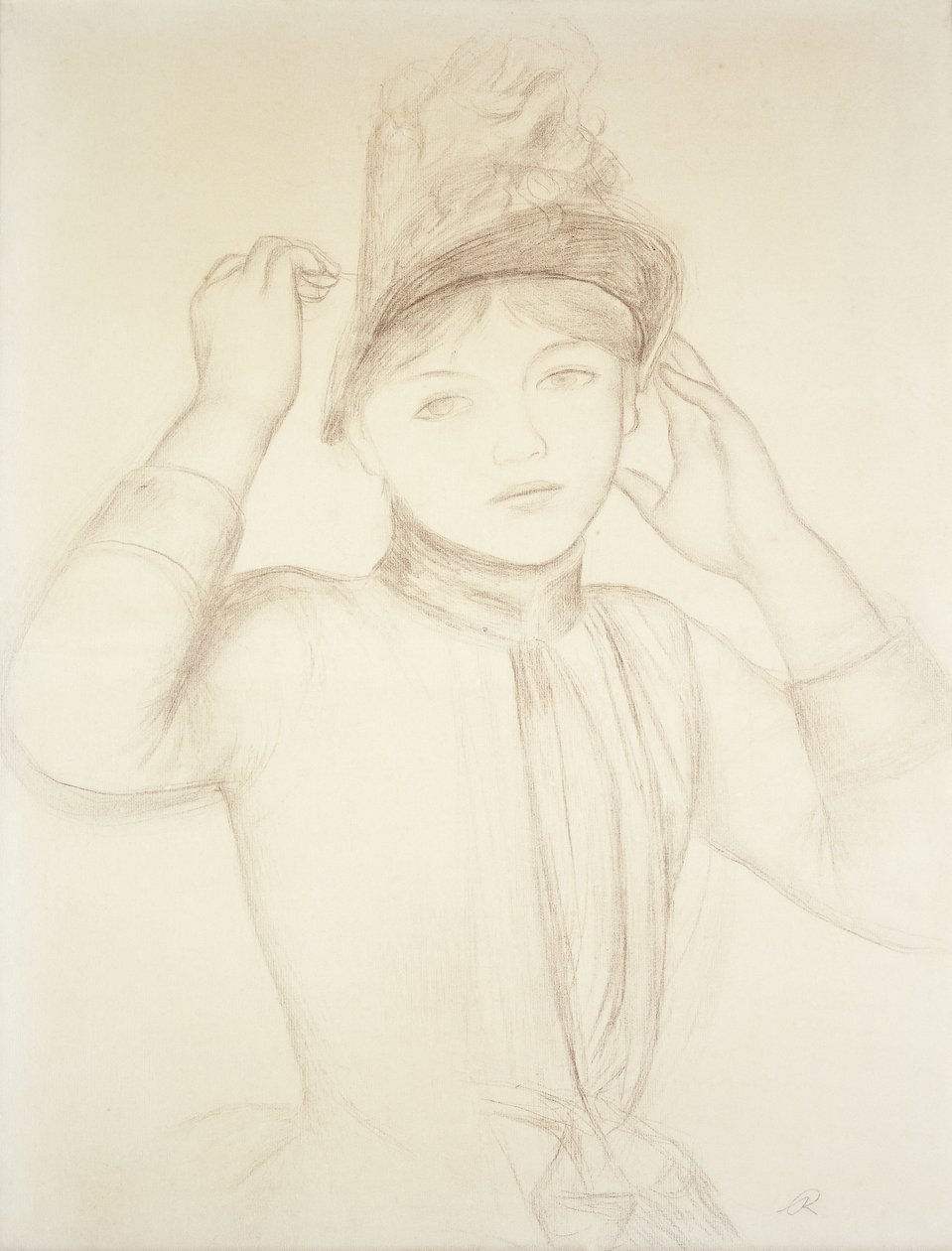 Ung kvinde arrangerer sin hat; Ung pige justerer sin hat, ca. 1885 af Pierre Auguste Renoir