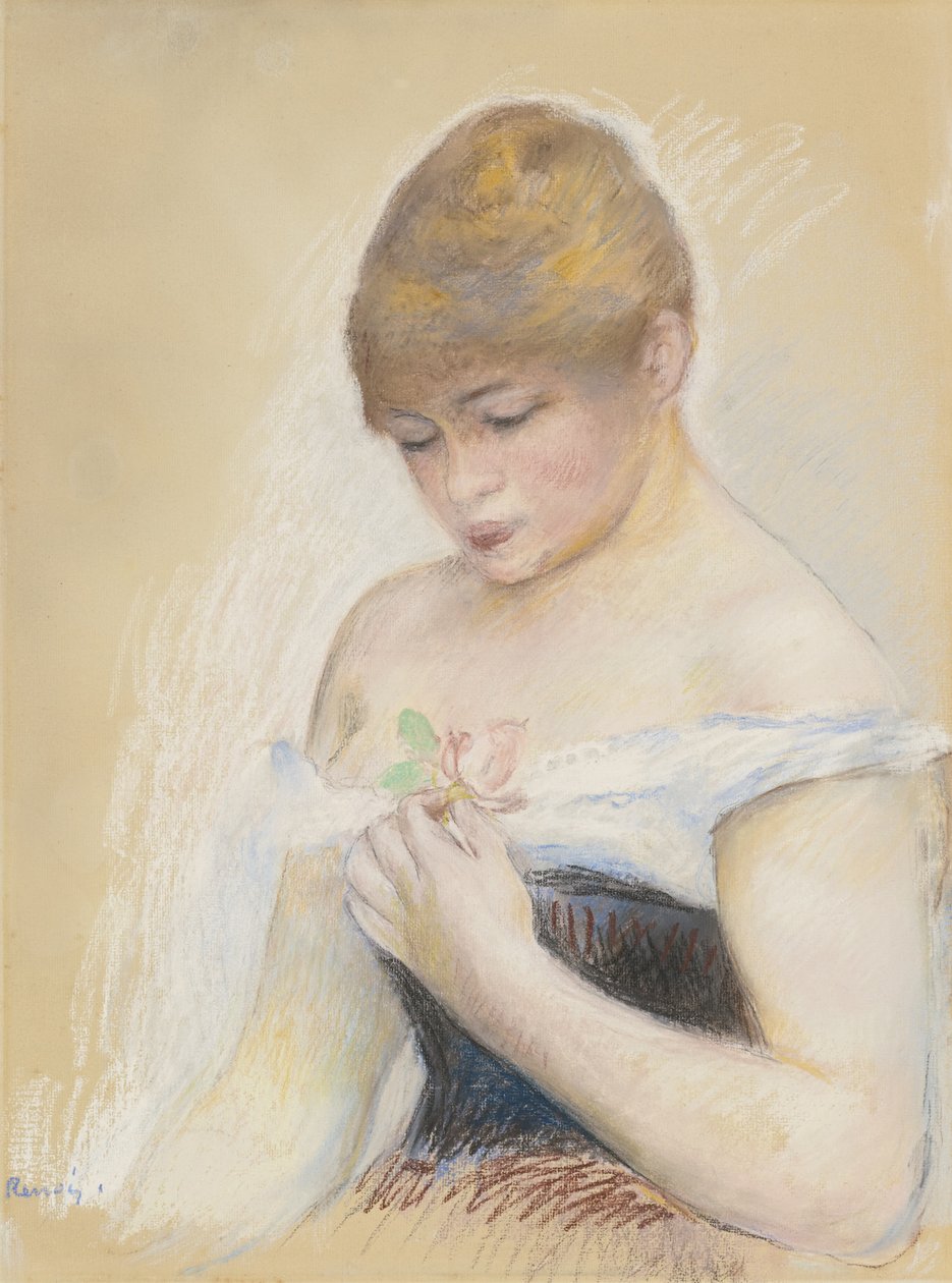 Ung Kvinde Holder En Blomst. Portræt af skuespillerinden Jeanne Samary, ca. 1880 af Pierre Auguste Renoir