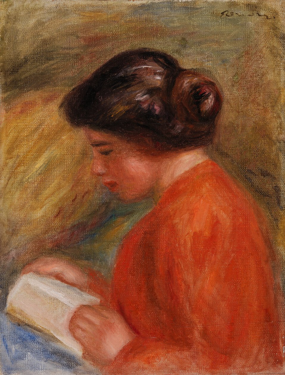 Ung kvinde læser (Jeune femme lisant, buste) af Pierre Auguste Renoir