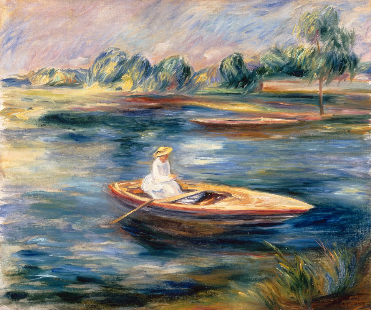 Ung kvinde sidder i en robåd (olie på lærred) af Pierre Auguste Renoir