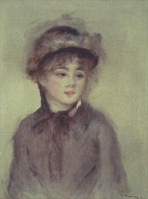 Ung kvinde i en hat (olie på lærred) af Pierre Auguste Renoir