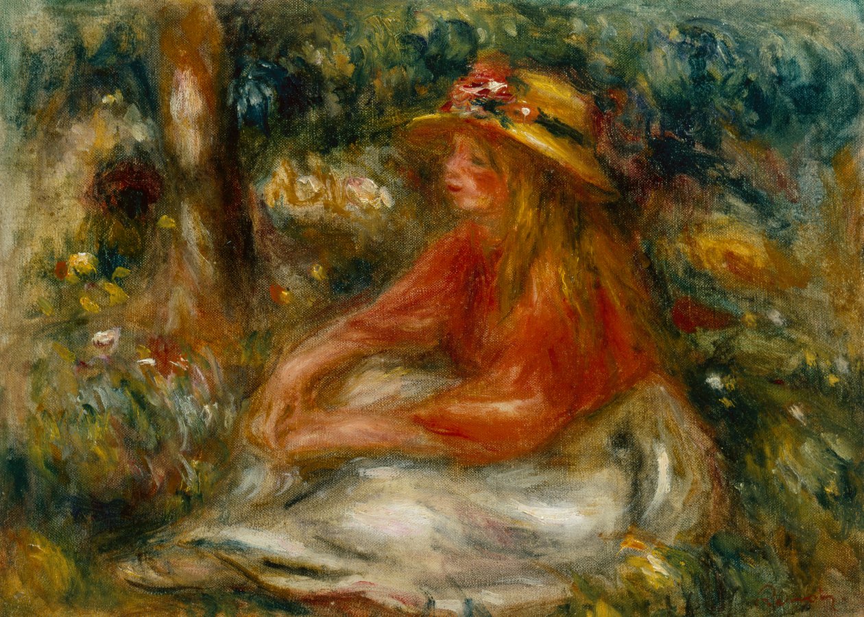 Ung kvinde siddende på græsset (olie på lærred) af Pierre Auguste Renoir