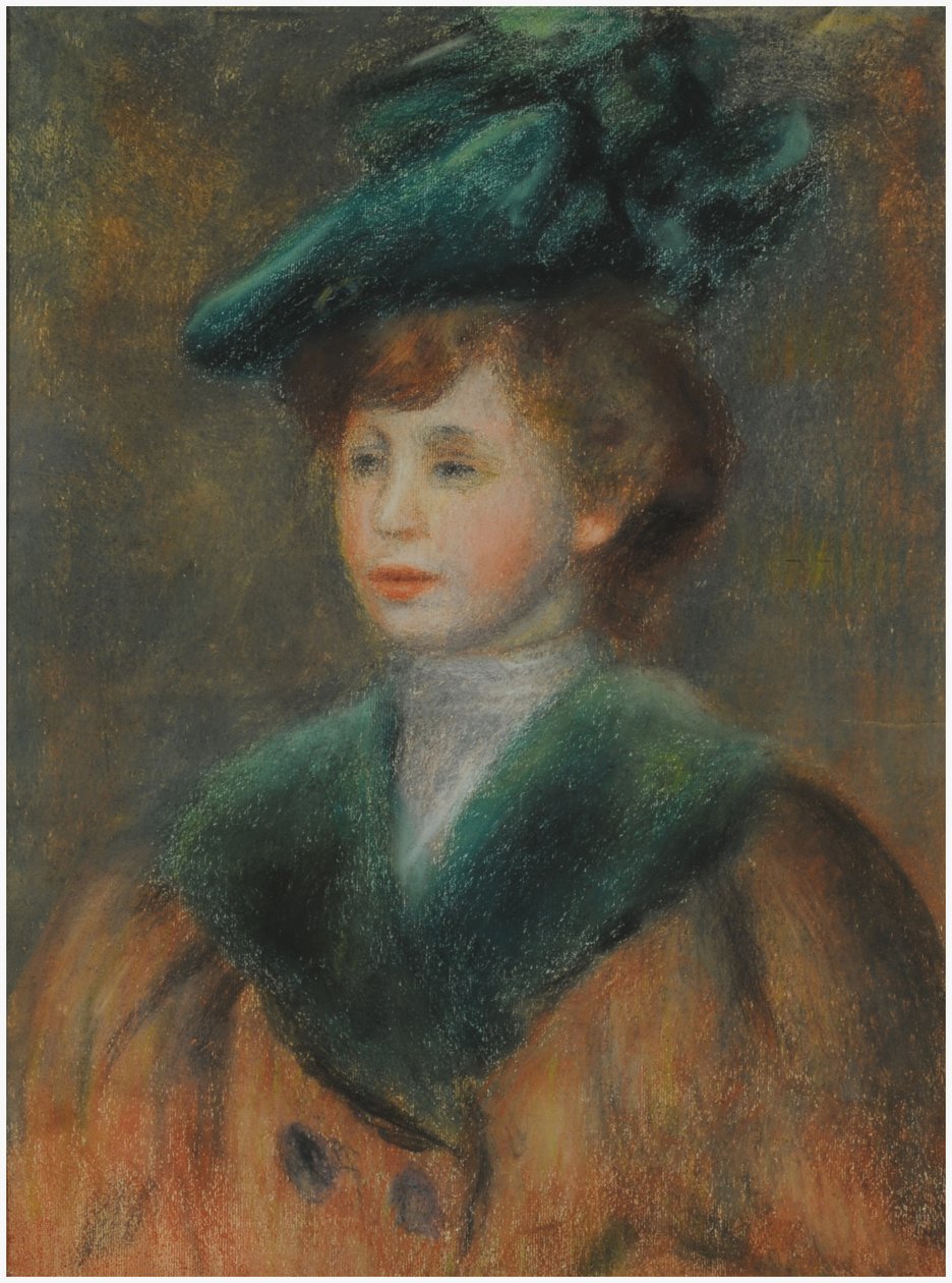 Ung kvinde med en grøn hat (pastel på papir) af Pierre-Auguste Renoir