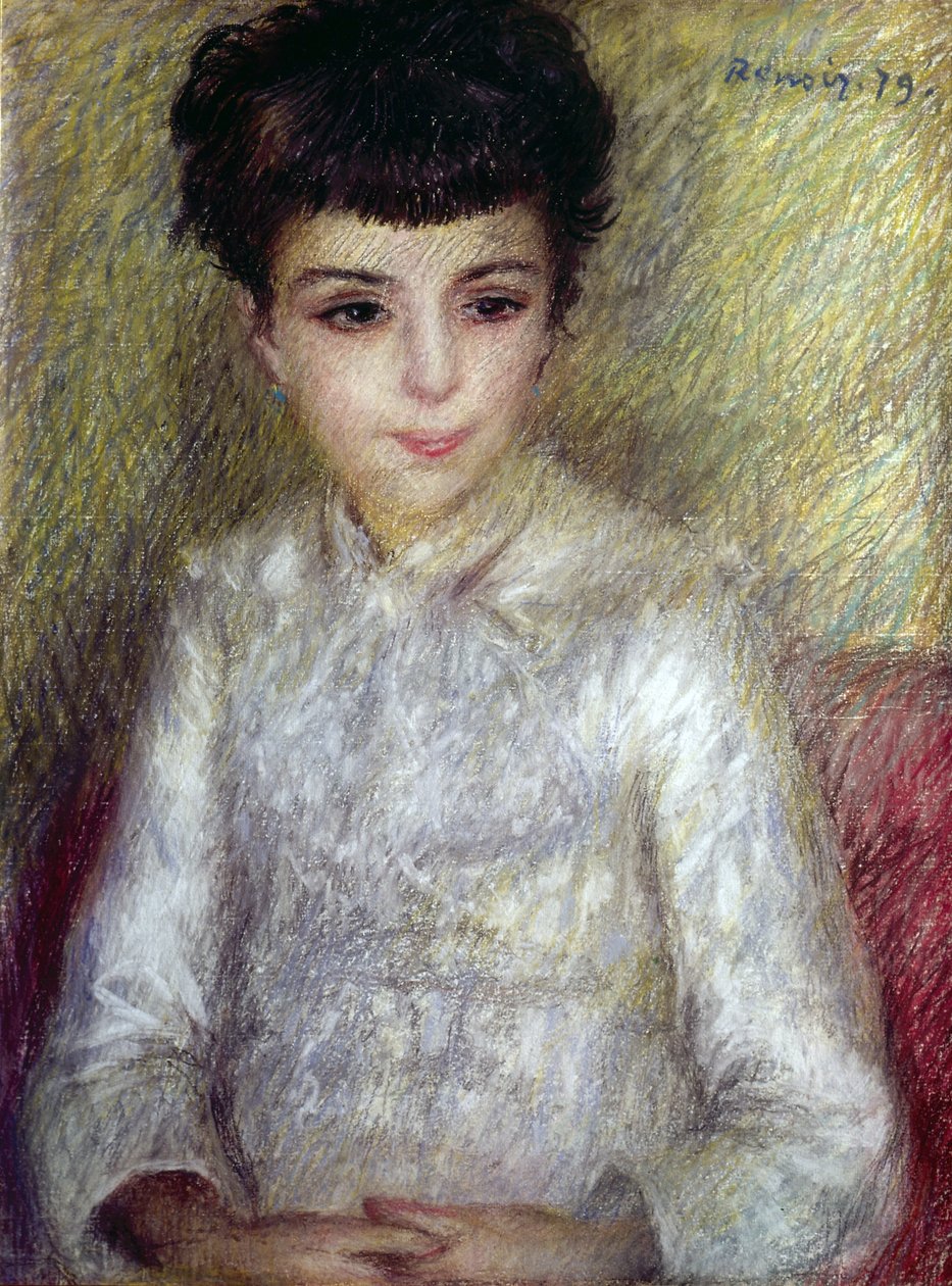 Ung brunette pige sidder med krydsede hænder af Pierre Auguste Renoir