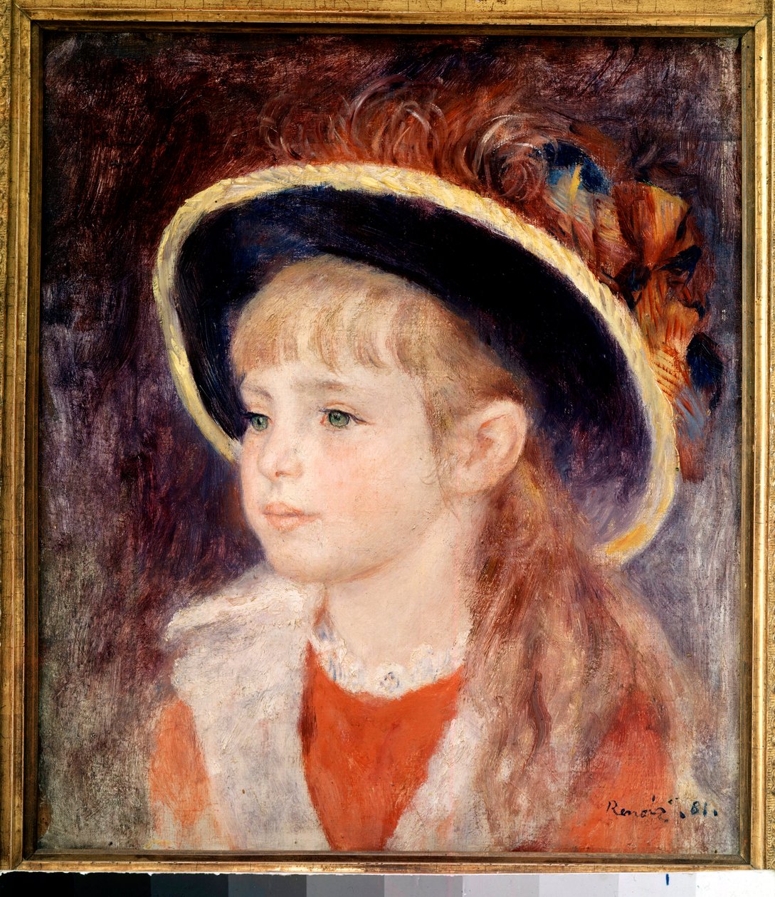 Ung pige med en blå hat: portræt af Jeanne (Jane) Henriot (1878-1900), død brulee i live i branden fra Comedie Francaise den 9. marts af Pierre Auguste Renoir