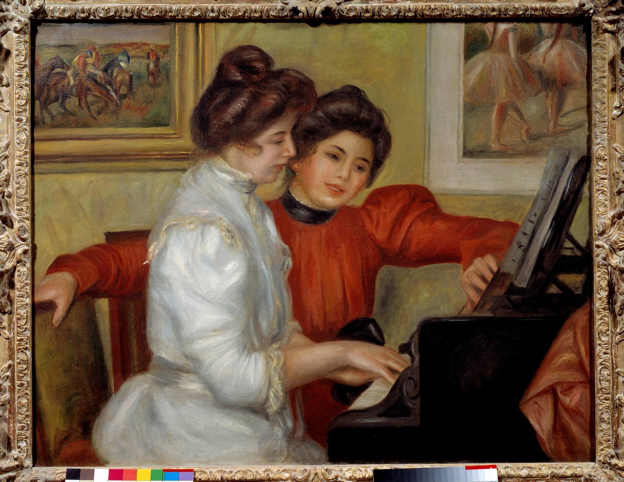 Yvonne og Christine Lerolle ved klaveret Maleri af Pierre Auguste Renoir (1841-1919) 1898 Søn. 0,73x0,92 m Paris, Orangeriemuseet - Yvonne og Christine Lerolle ved klaveret. Maleri af Pierre Auguste Renoir (1841-1919) 1898. 0,73 x 0,92 m. Orangeri M af Pierre Auguste Renoir