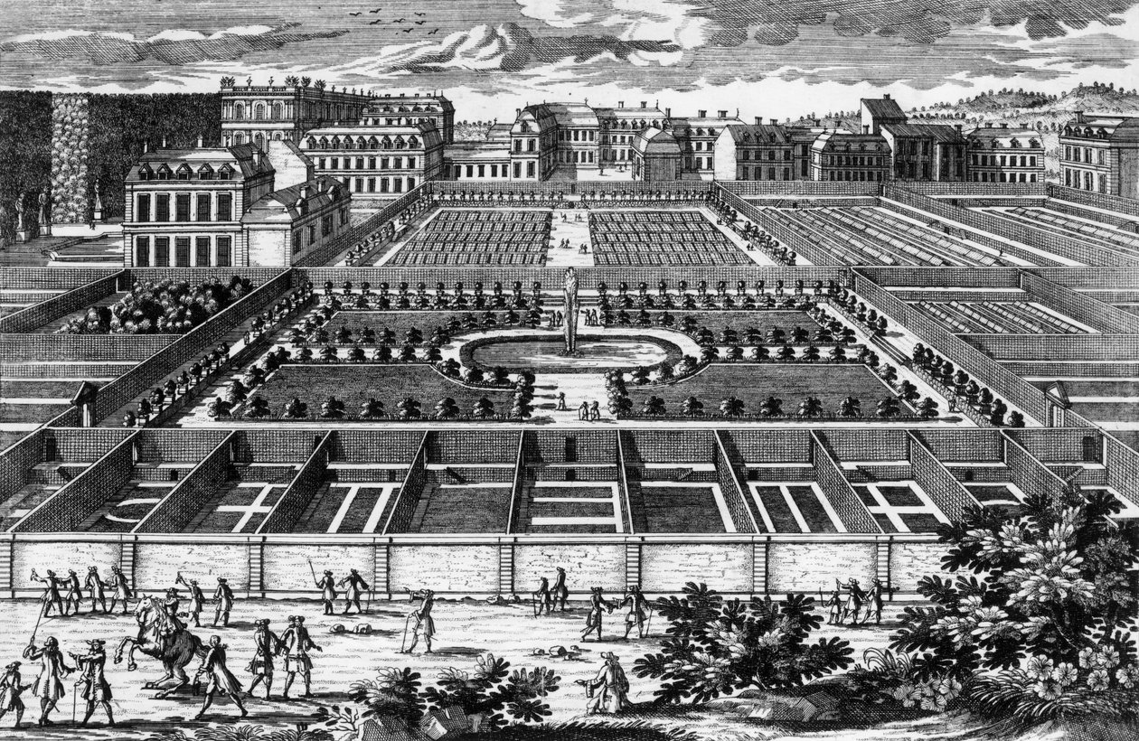 Udsigt over køkkenhaven i Versailles på Louis XIVs tid, gravering af Aveline af Pierre Aveline