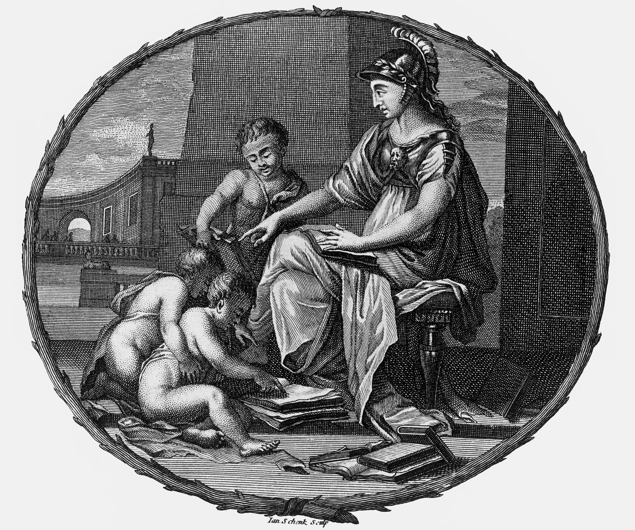 Kvindelig allegori på fornuft og kreativitet omgivet af børn,1695-1697 (kobberstik) af Pierre Bayle