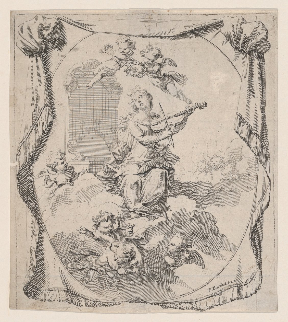 Skt. Cecilia på skyer opretholdt af engle, 1696., 1696. af Pierre Berchet