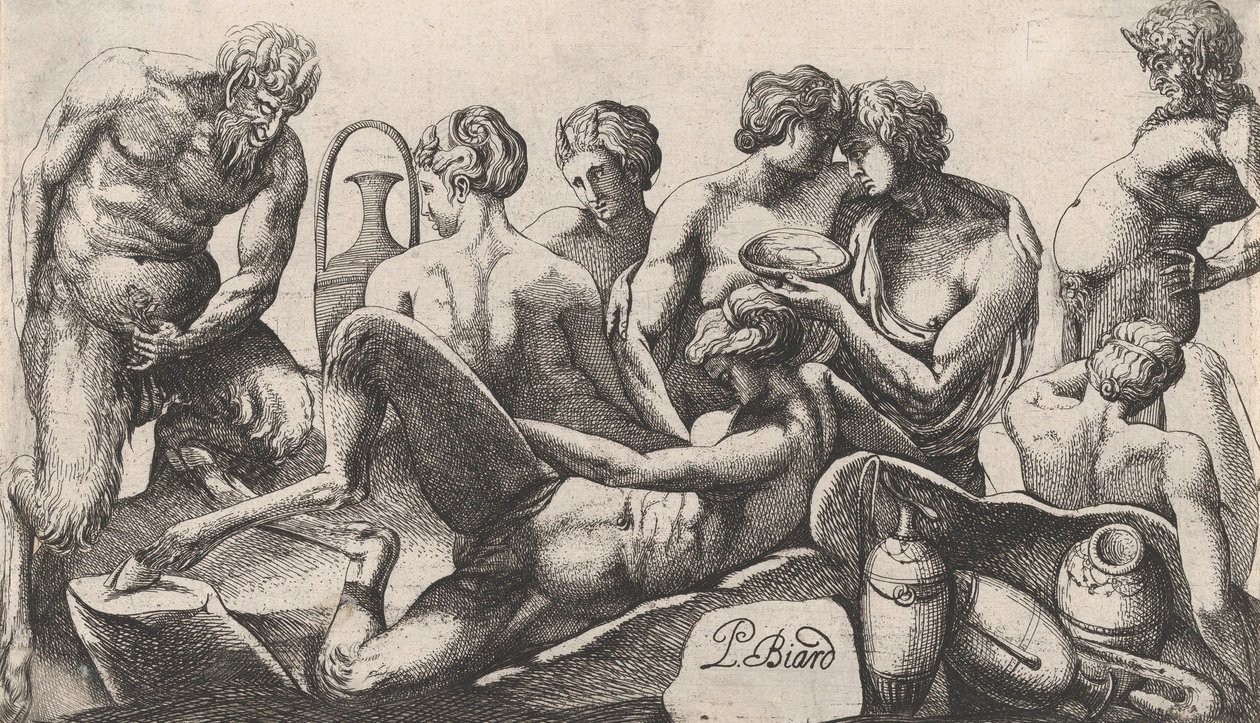 Otte Satyrer og Satyrinder, der afslutter et Måltid, 1607-61. af Pierre Biard