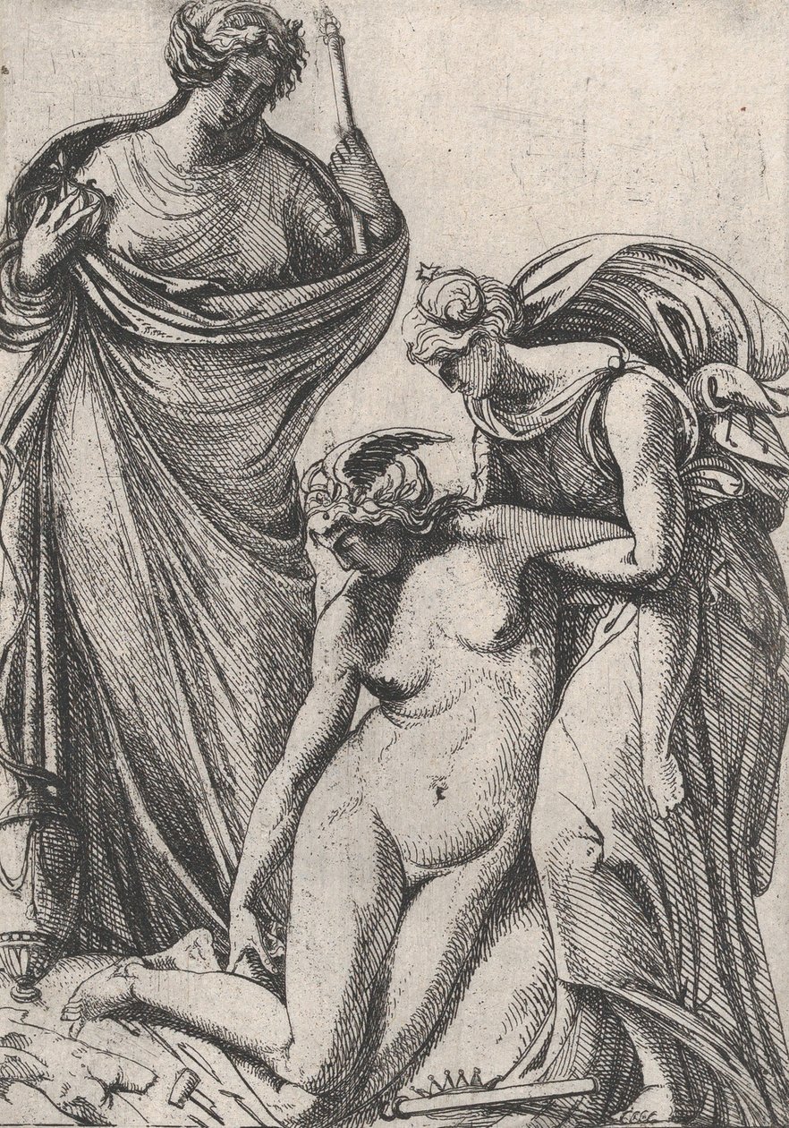 Studie, der understøtter den besvimende personificering af skulptur, stående ved siden af dem, Fra..., 1607-61. af Pierre Biard