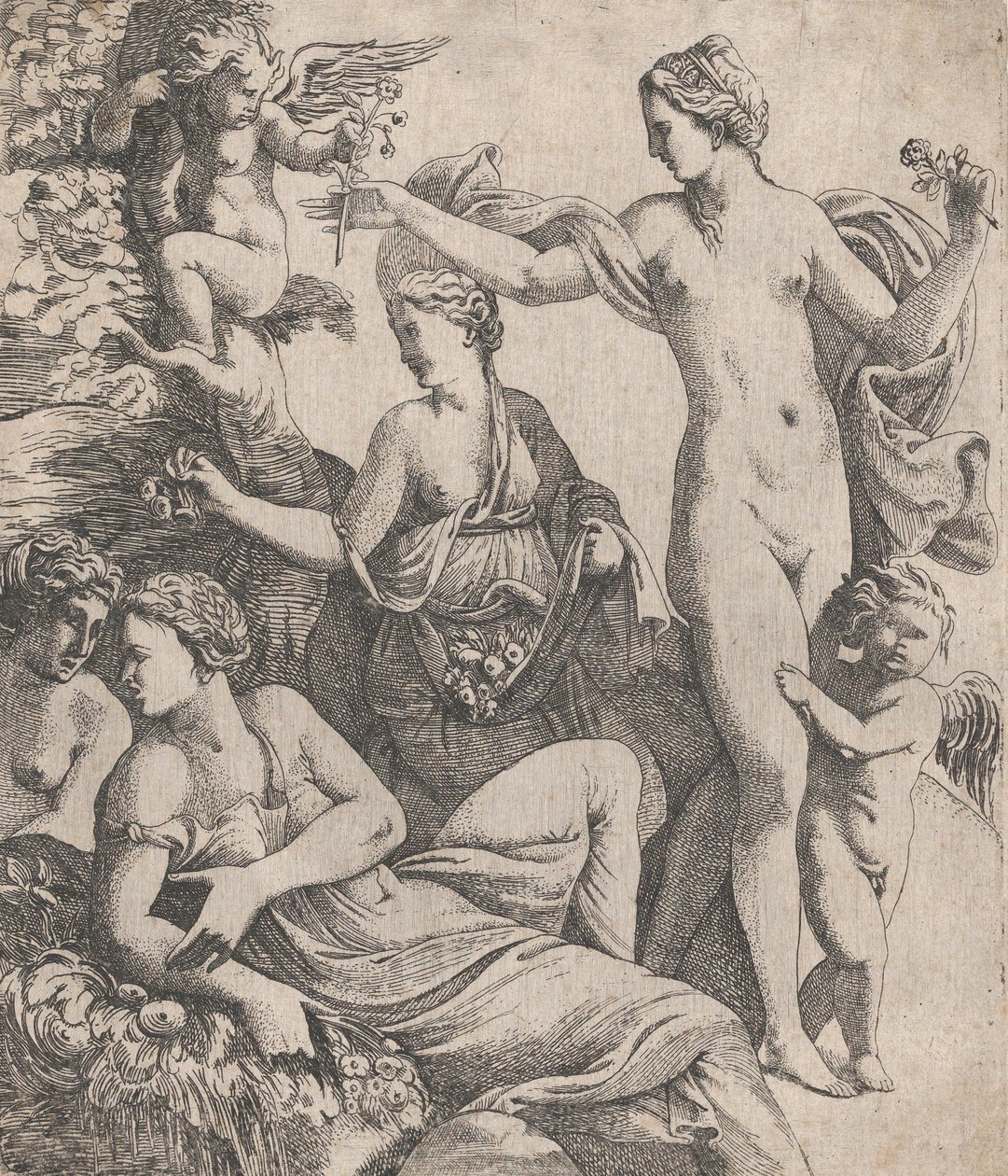 Venus, stående med de tre Gracer, tilbydes en blomst fra en putto, 1607-61. af Pierre Biard
