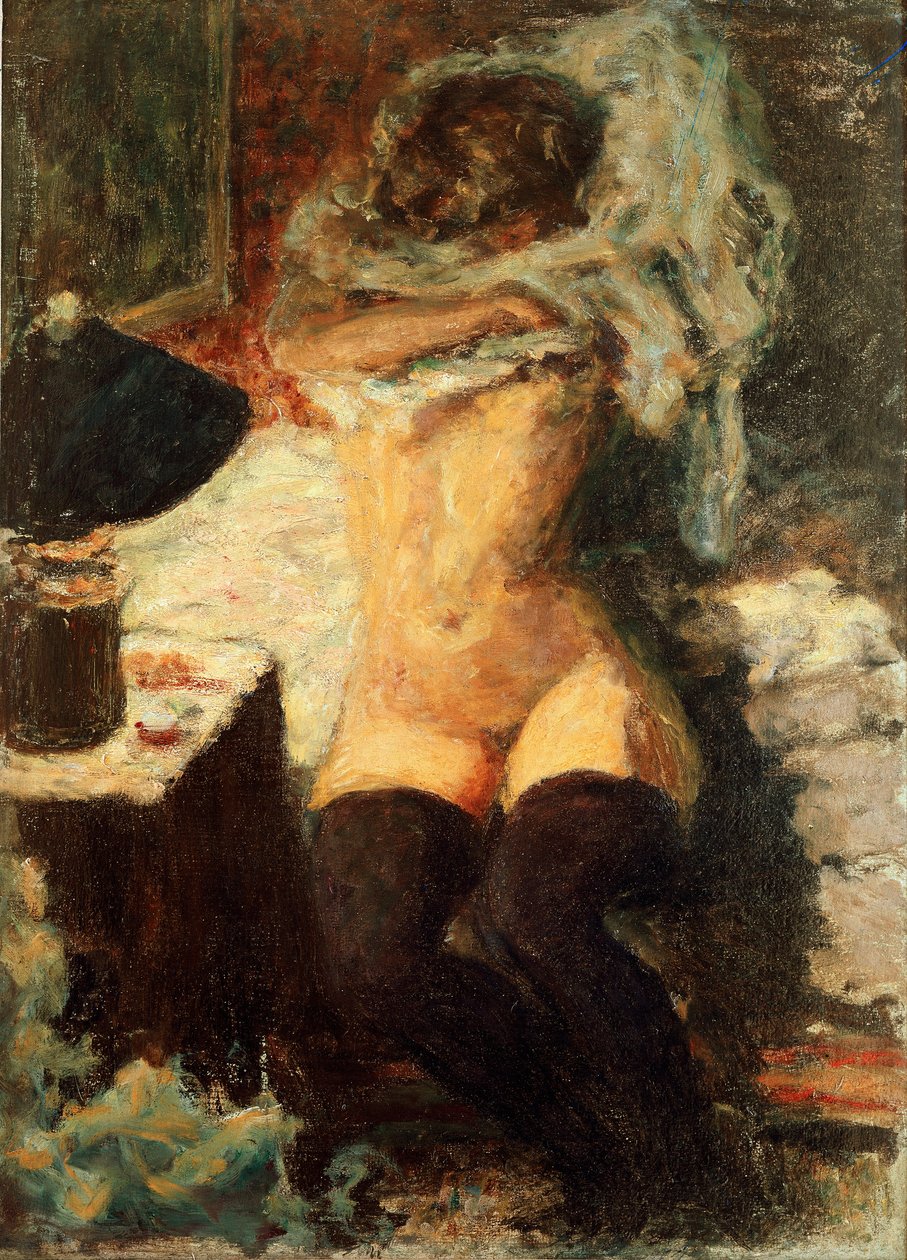 Sorte strømper Kvinde klæder sig af. Maleri af Pierre Bonnard (1867-1947) 1908 om Dim. 58x43 cm England, samling The Earl of Rosslyn af Pierre Bonnard