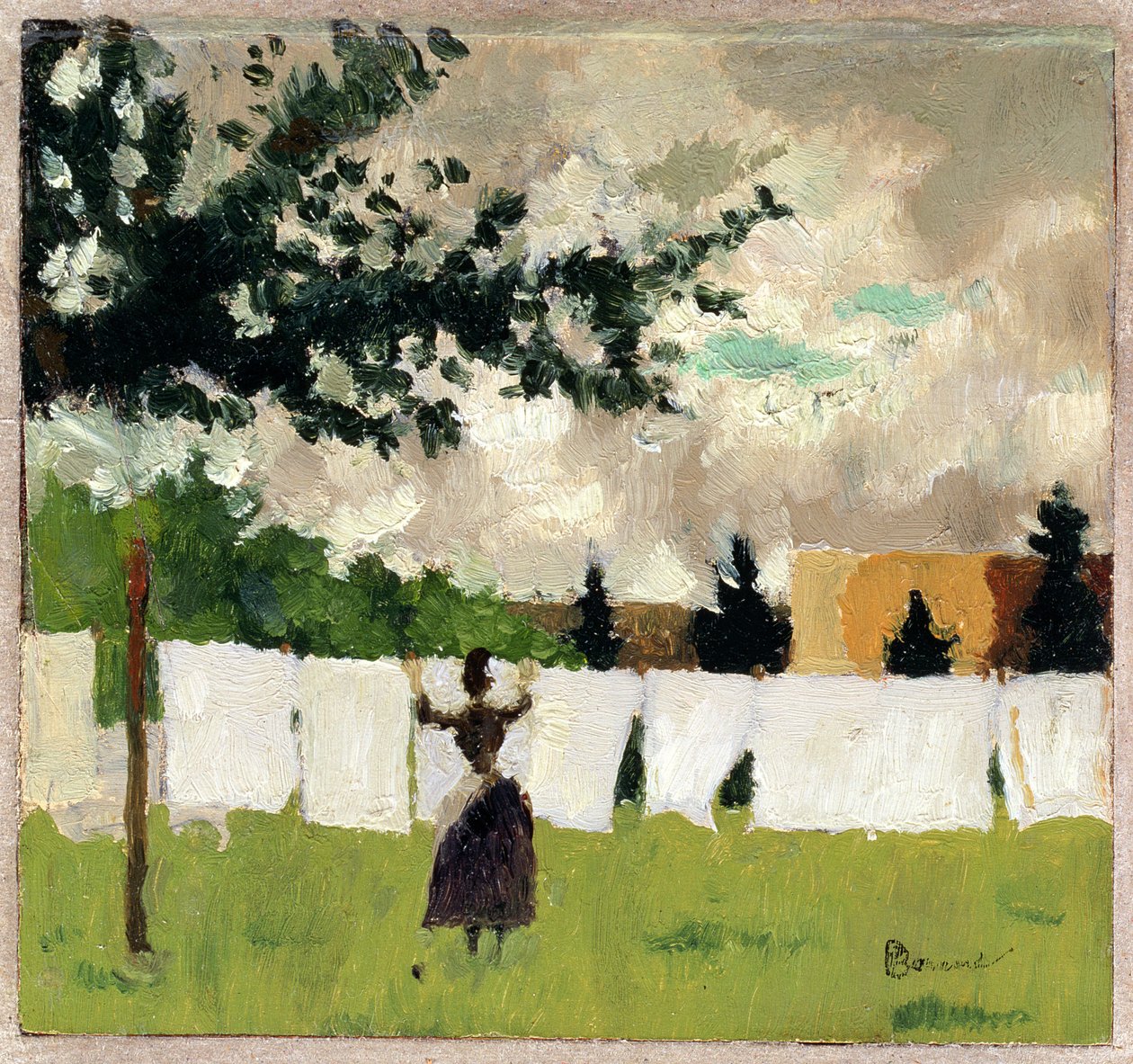 Kvinde hængende tøj, ca. 1892 (olie på papir på panel) af Pierre Bonnard