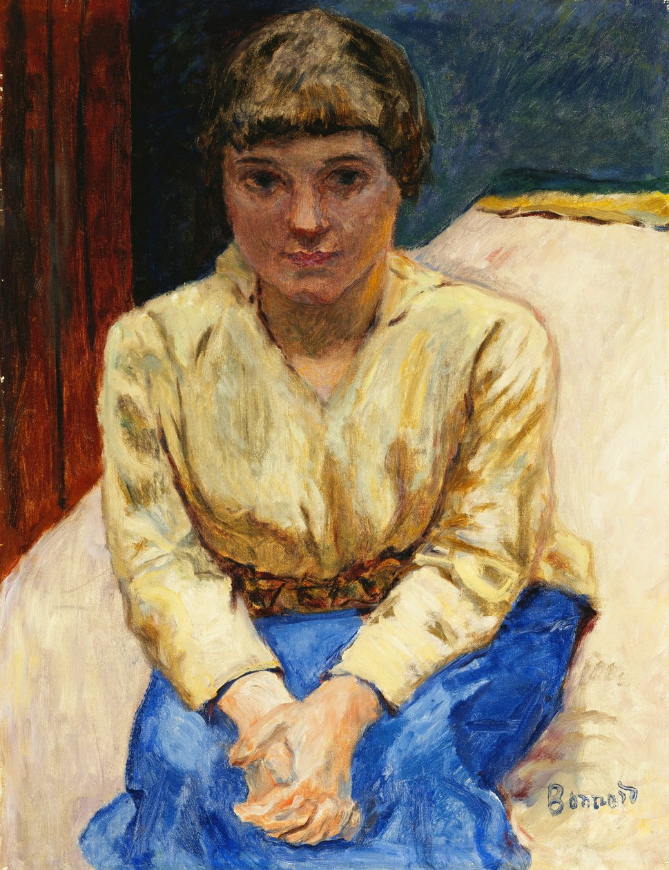 Pige siddende, med Hænderne Krydsede; Young Girl Seated, Les Mans Croisees, ca. 1916 (olie på lærred) af Pierre Bonnard
