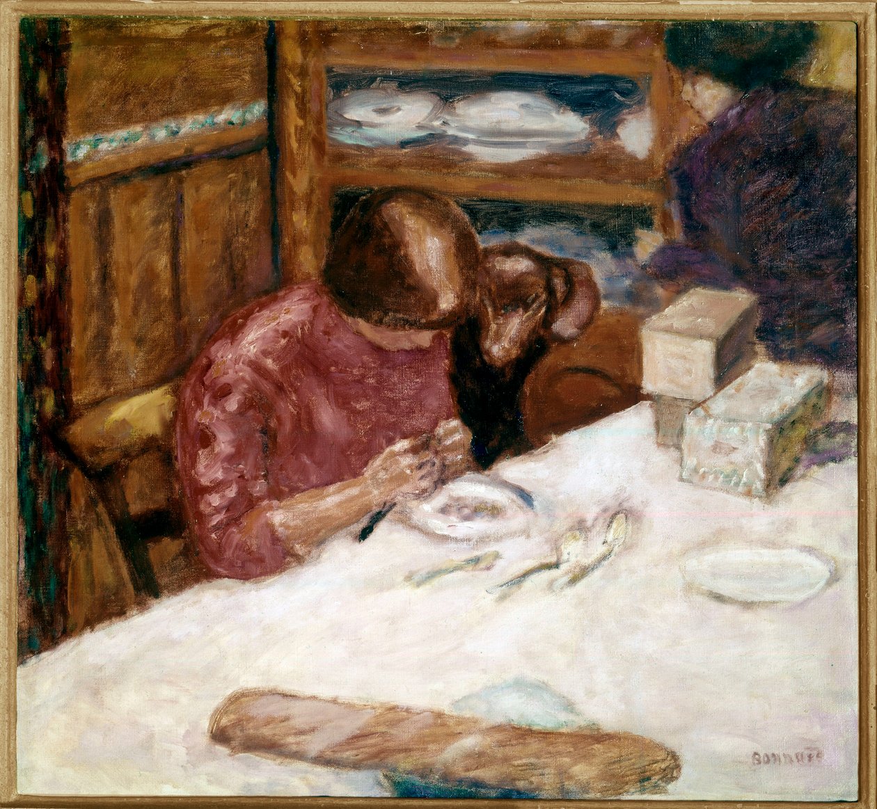 Interiør Kvinde travlt med hjemlige pletter. Maleri af Pierre Bonnard (1867-1947) 1914 Privat samling af Pierre Bonnard