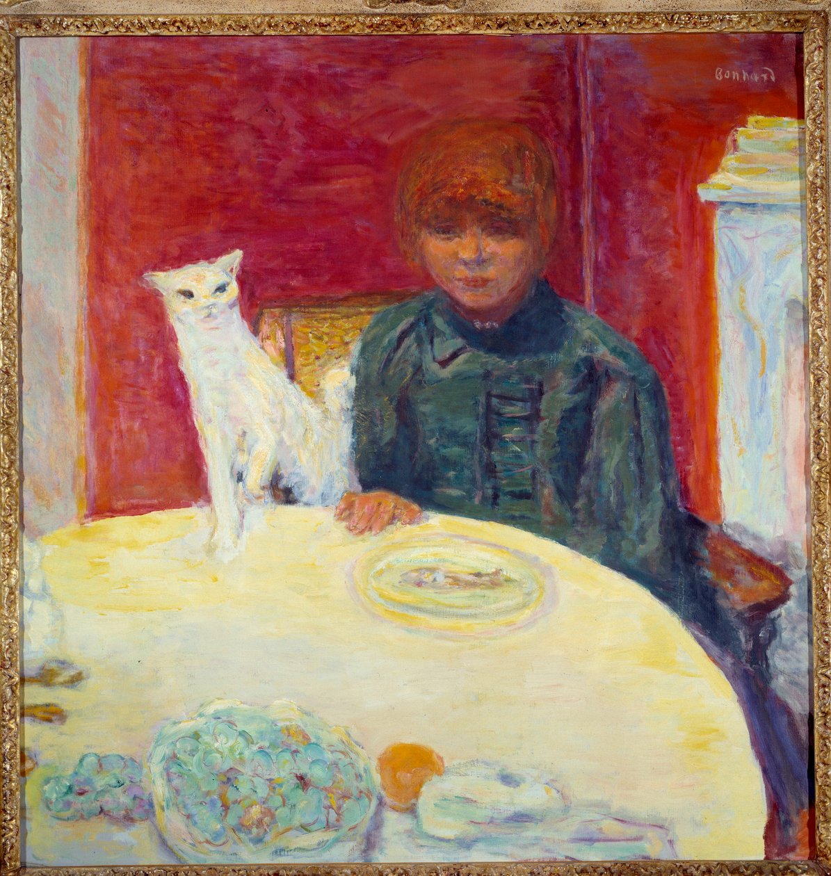 La woman au chat ou le chat krævende Maleri af Pierre Bonnard (1867-1947) 20. århundrede søn. 0,78x0,77 m Paris, musee d