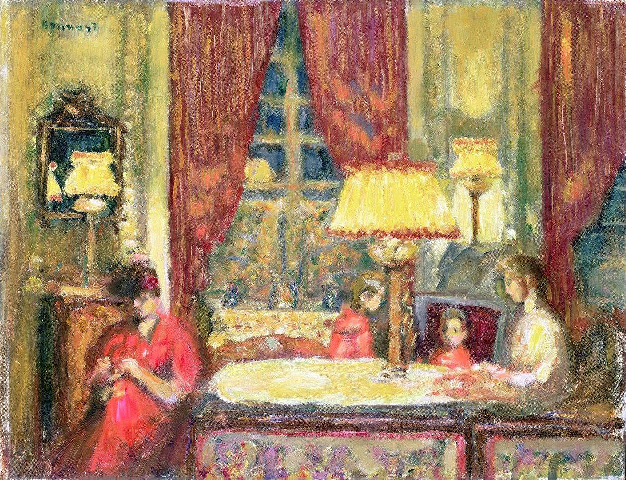 Lampebelyst interiør med figurer (olie på lærred) af Pierre Bonnard