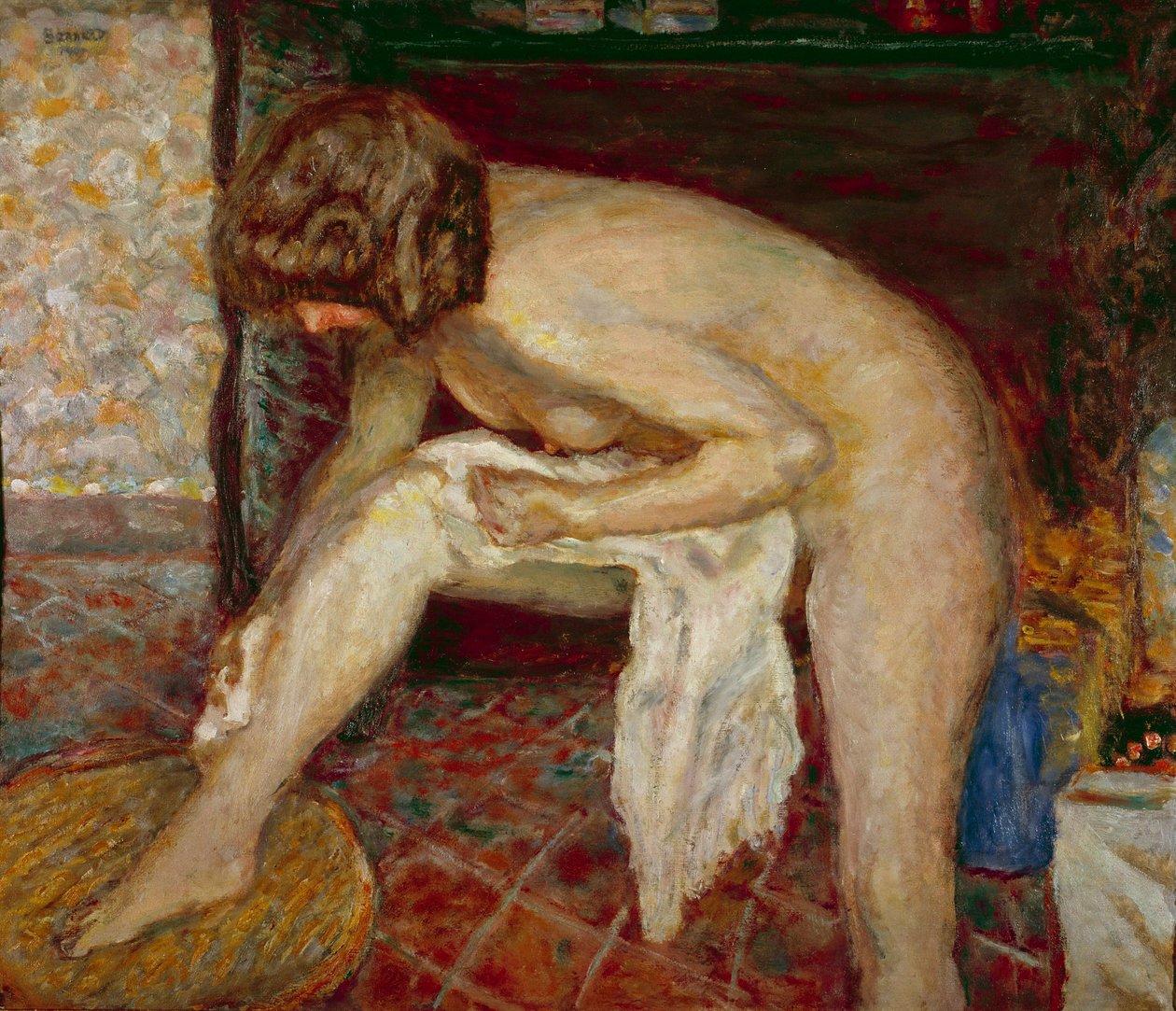 Nøgen har sit toilet foran pejsen Maleri af Pierre Bonnard (1867-1947) 1907 Privat samling af Pierre Bonnard
