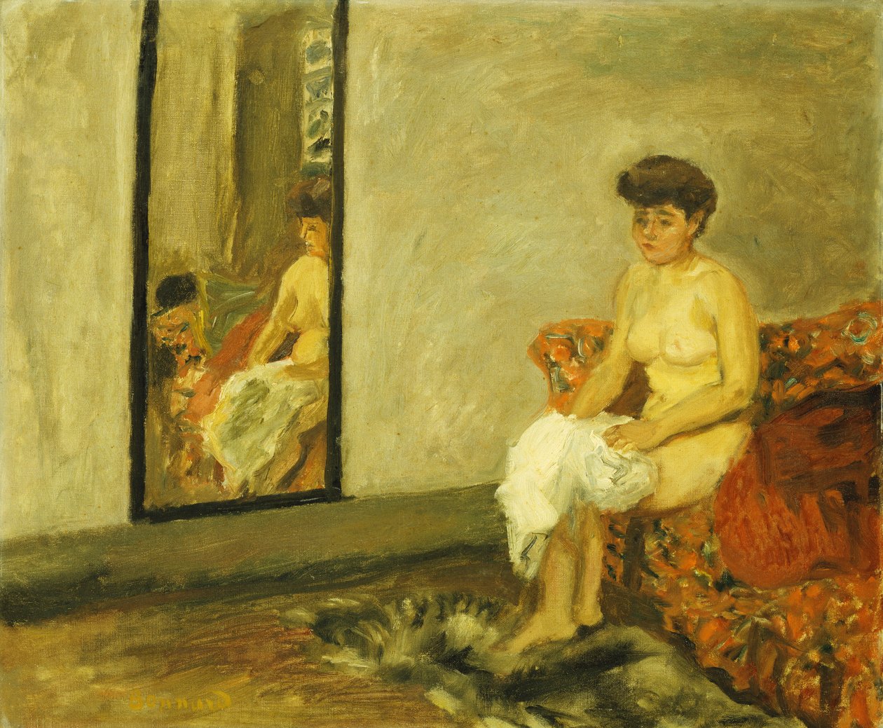 Nøgen sidder på en rød stol; Nøgen siddende i en rød stol af Pierre Bonnard