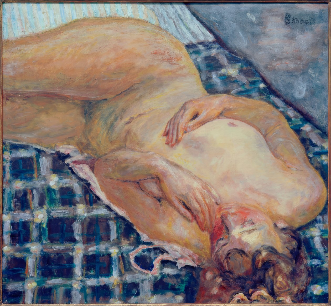 Liggende nøgen, hvid og blåternet baggrund af Pierre Bonnard