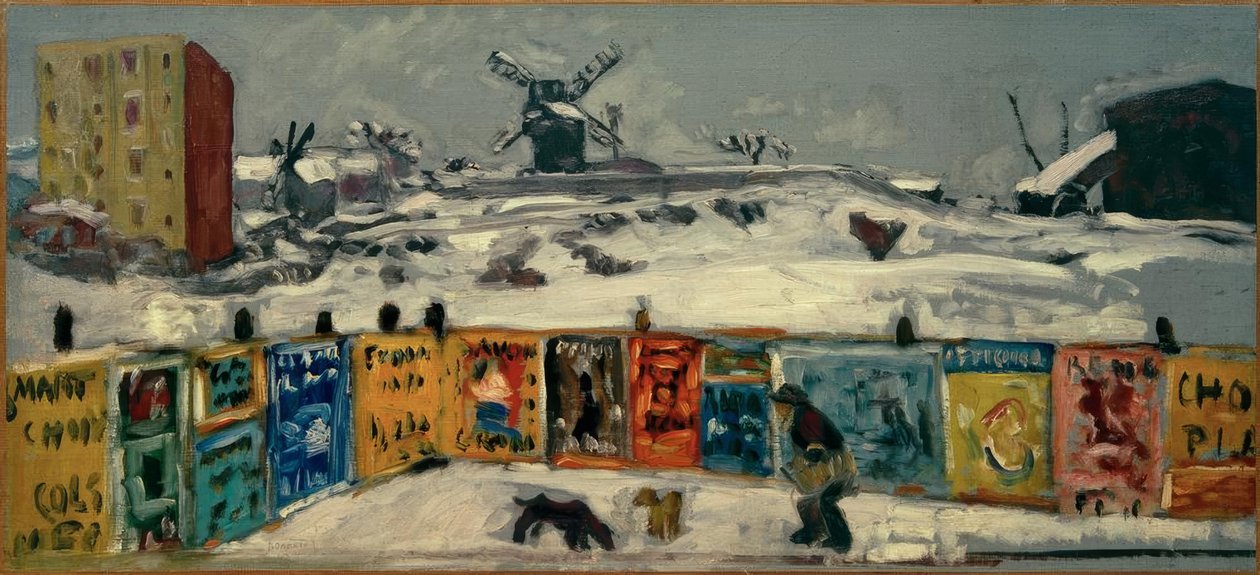 Palisade, plakater (Palisade dækket med plakater, og de gamle Montmartre-møller under sneen) af Pierre Bonnard