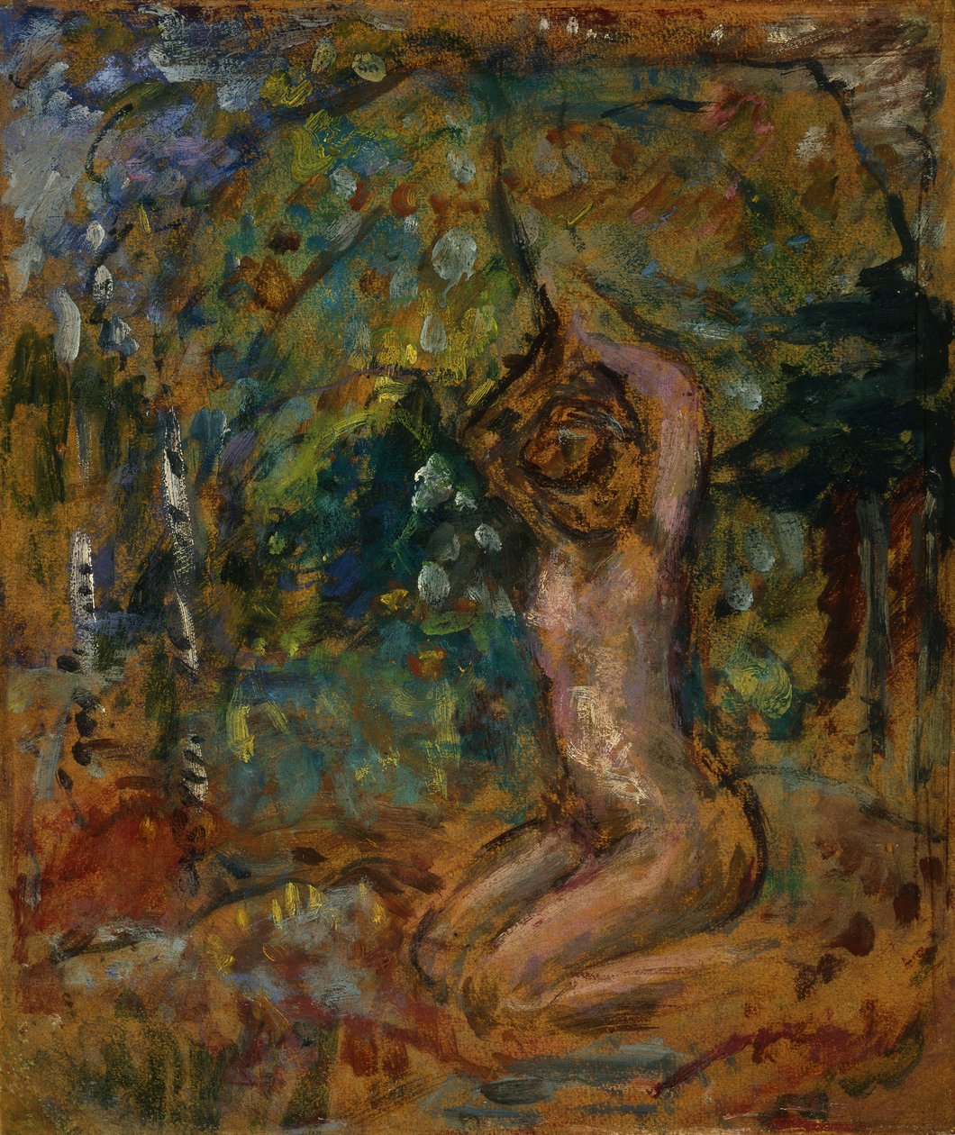 Lille nøgen, armene hævede, i et landskab, ca. 1907 (limmaleri om bord lagt ned på vugget panel) af Pierre Bonnard