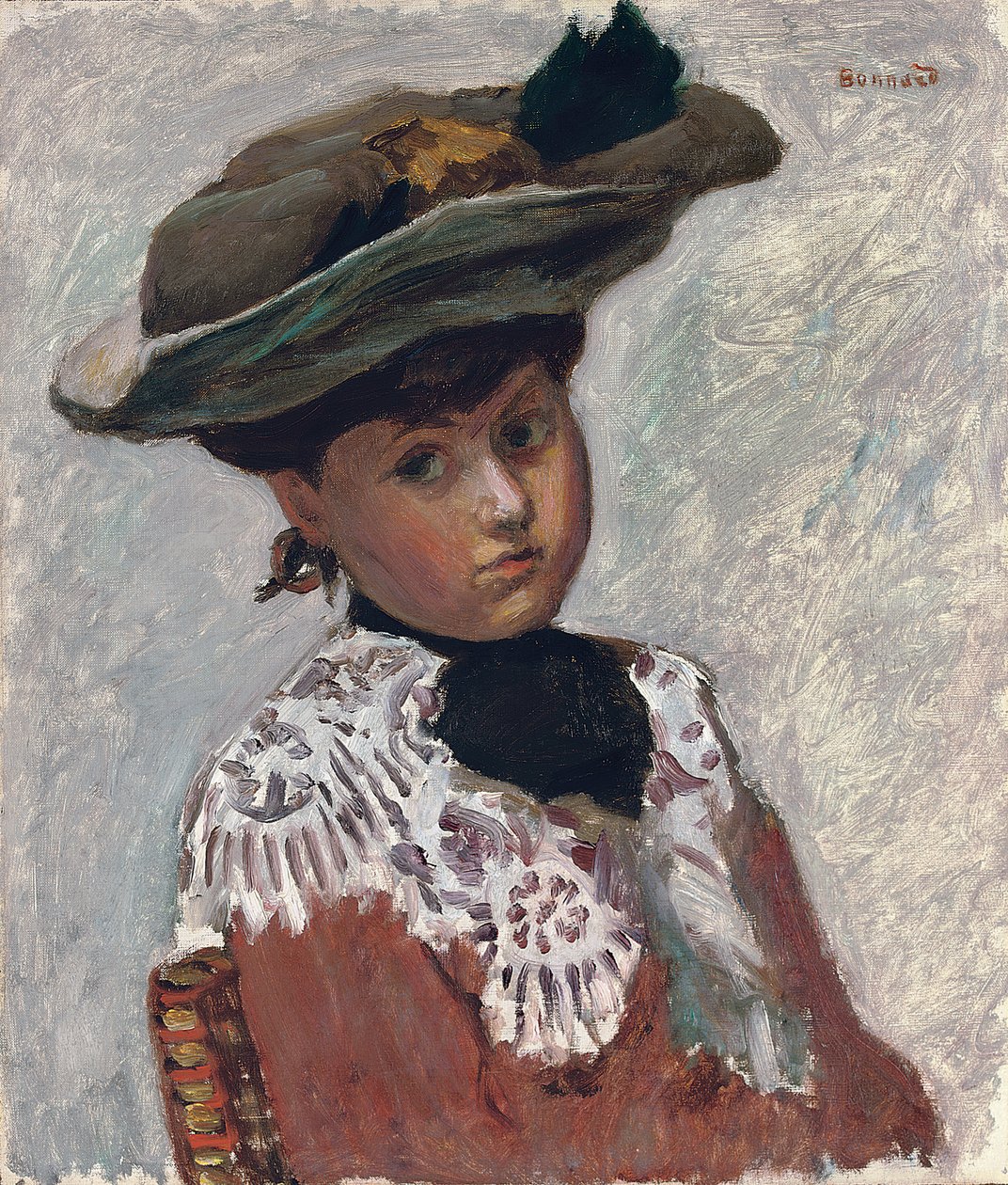 Portræt af en ung kvinde eller hatten; Portrait of a Young Woman (The Hat), ca. 1905 (olie på lærred lagt om bord) af Pierre Bonnard
