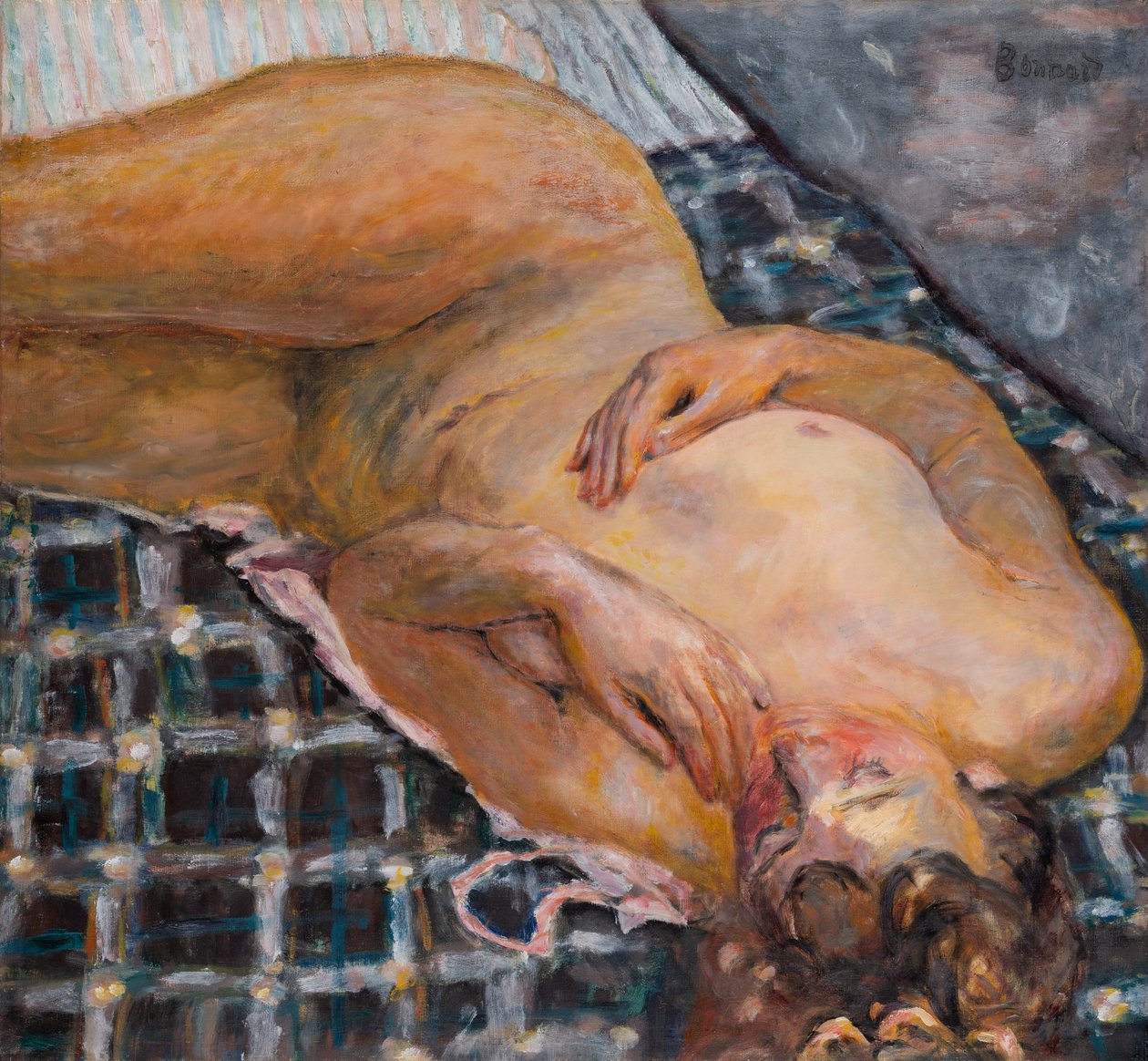 Liggende nøgen mod en hvid og blå plaid, ca. 1909 (olie på lærred) af Pierre Bonnard