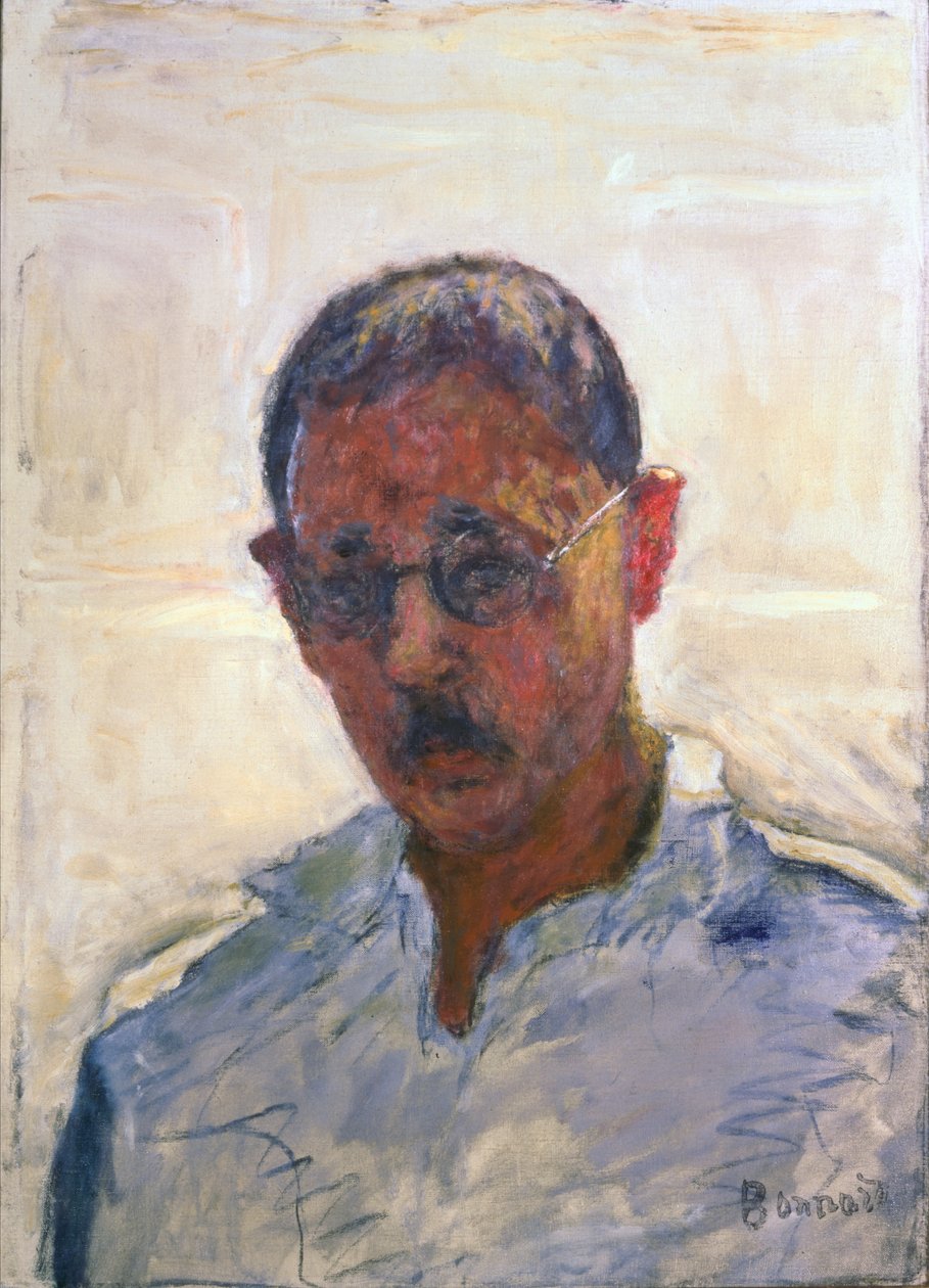 Selvportræt på hvid baggrund med skjorte med åben hals (olie på lærred) af Pierre Bonnard