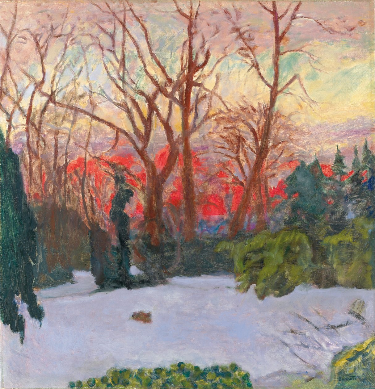 Haven under sne, solnedgang; The Garden in the Snow, Nedgående sol, ca. 1910 (olie på lærred) af Pierre Bonnard