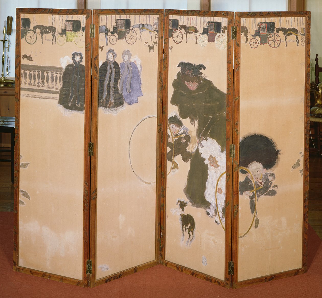 Barnepigerne ude at gå eller Hackney-vognenes frise, foldeskærm i 4 paneler, 1899 (farvetryk i træskærm) af Pierre Bonnard
