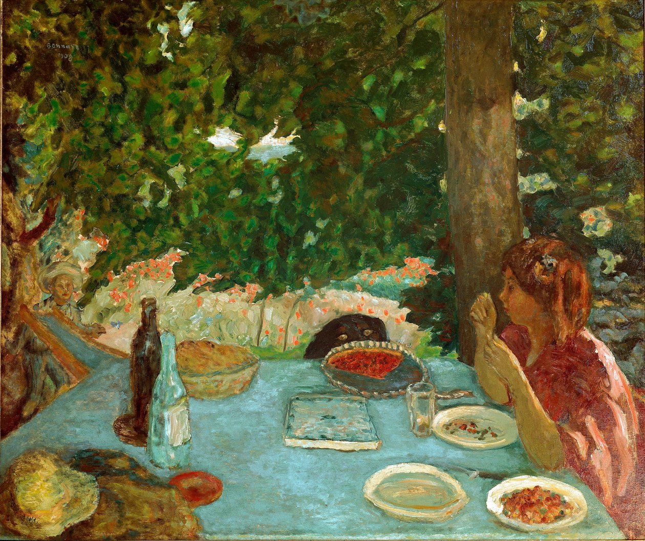 Kirsebærtærten Ung kvinde, der sidder, har et bord i en have. Maleri af Pierre Bonnard (1867-1947) 1908 Dim. 115x126 cm Zürich, Samling Peter Nathan af Pierre Bonnard