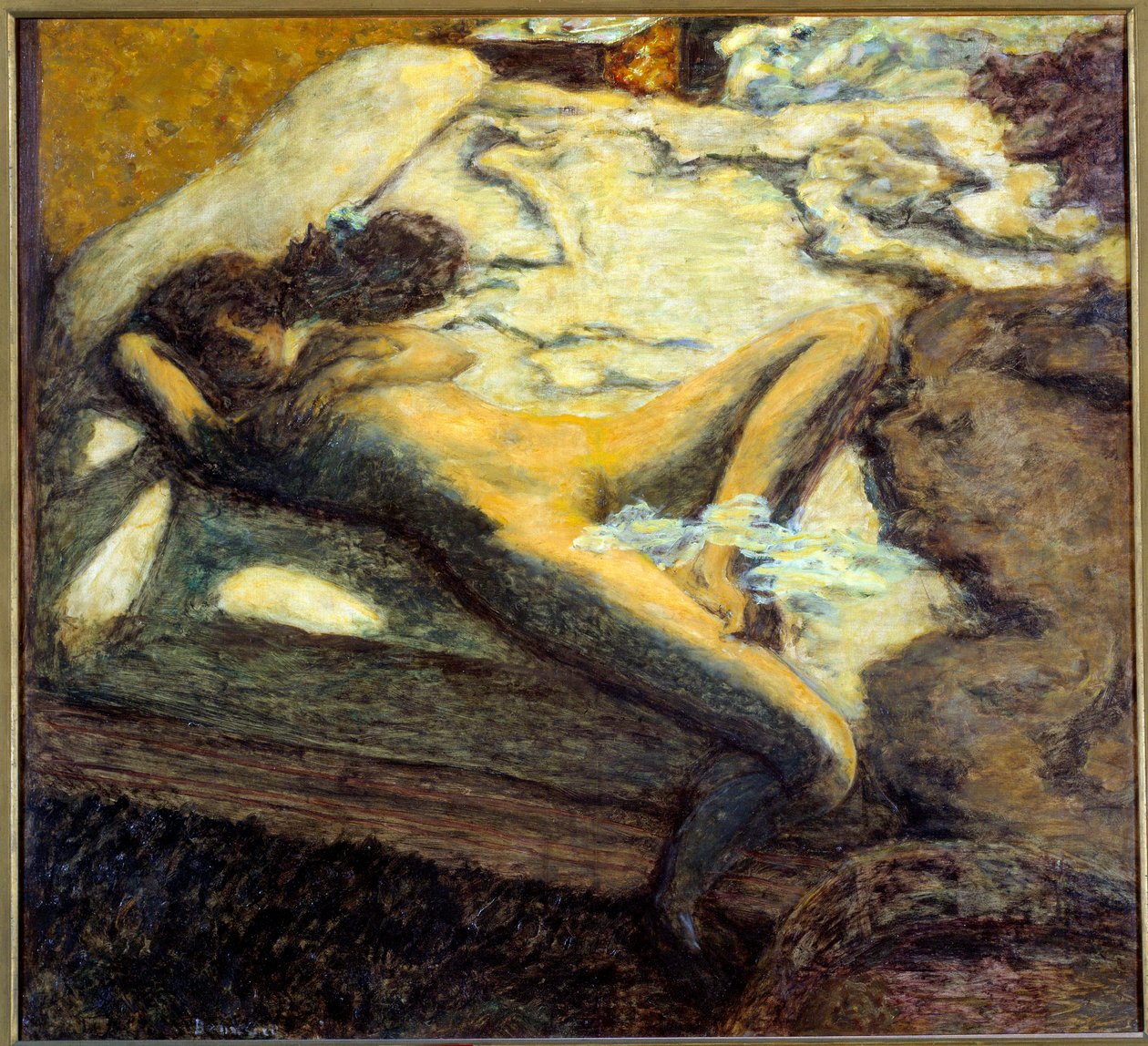 Den indolente nøgne unge kvinde liggende på en seng. Maleri af Pierre Bonnard (1867-1947) 1899 søn. 0,96x1,06 m Paris, musee d