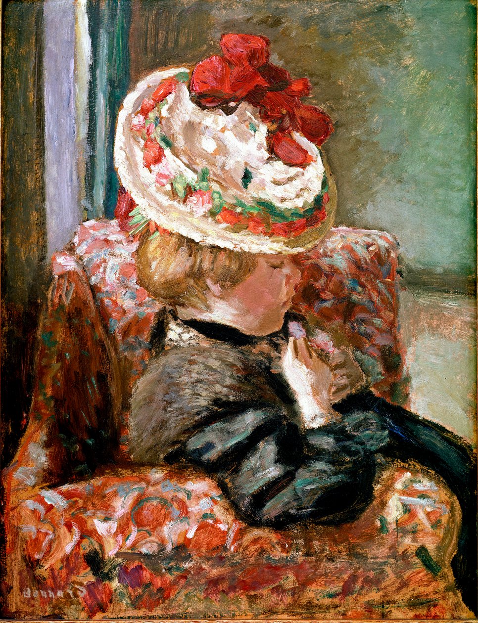 The straw hat Woman sitting on a flower couch. Painting by Pierre Bonnarddani af Pierre Bonnard