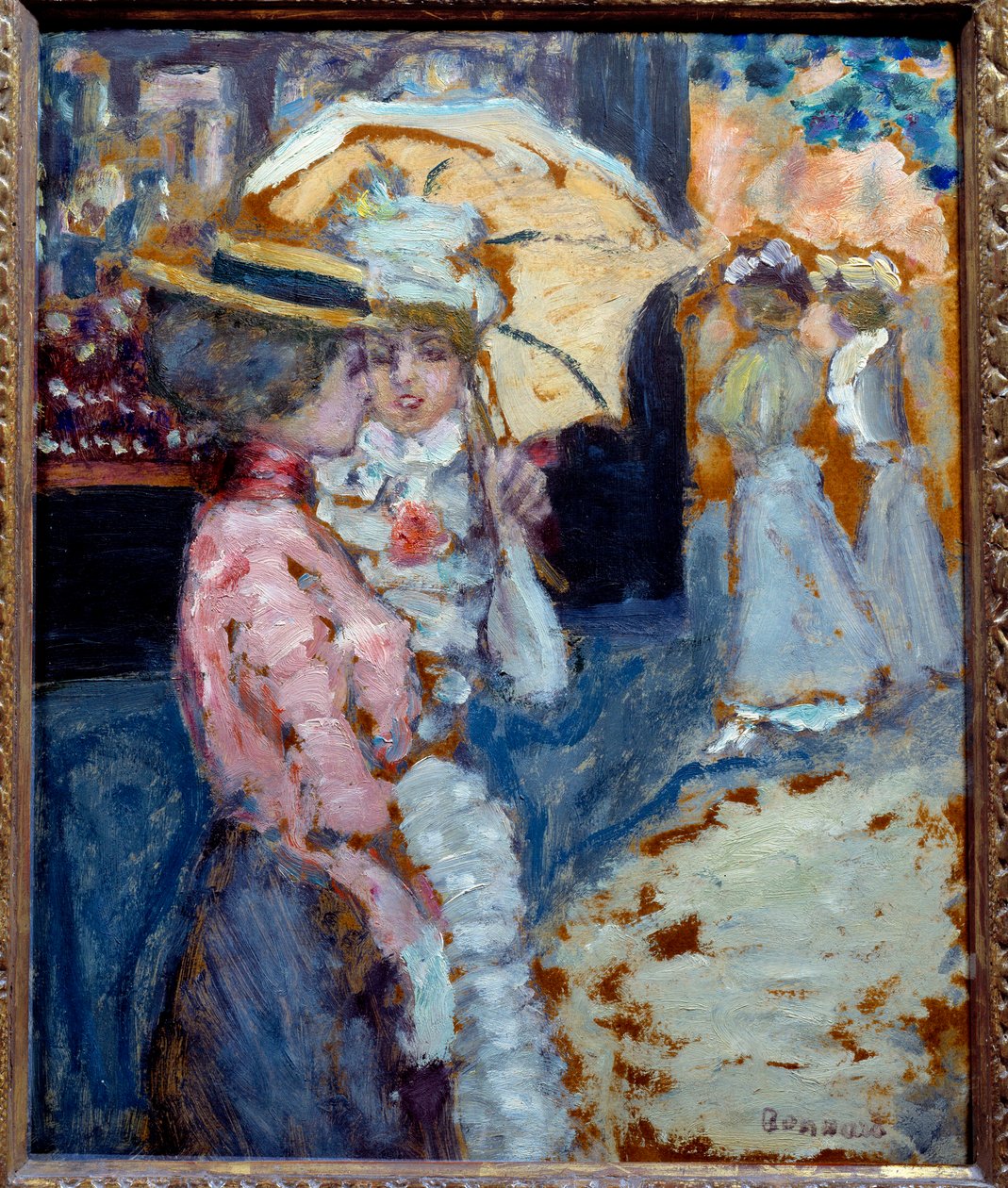 Gåturen To elegante unge kvinder klædt i mode Belle Epoque taler under deres paraply. Maleri af Pierre Bonnard (1867-1947) 1900 søn. 0,38x0,21 m Privat samling af Pierre Bonnard