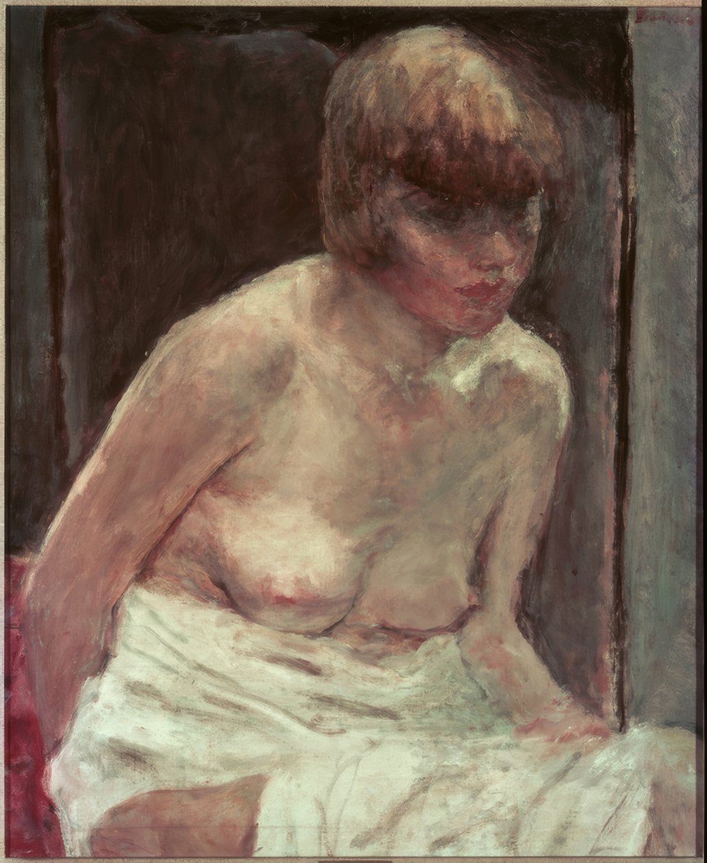 Ung kvindes torso i hvid badekåbe af Pierre Bonnard