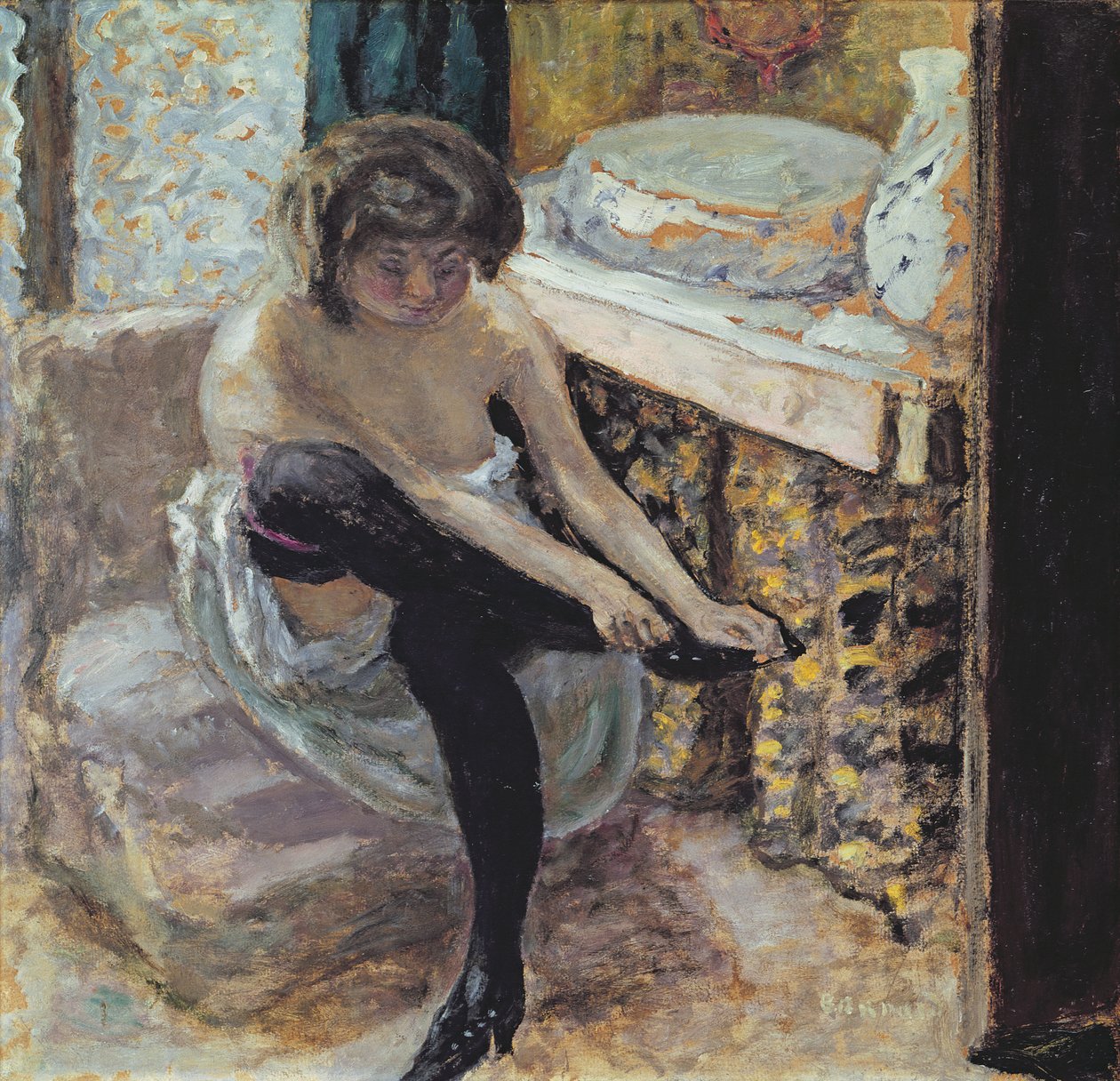 Kvinde med sorte strømper eller kvinde ved sit toilet, ca. 1900 (olie på kort) af Pierre Bonnard