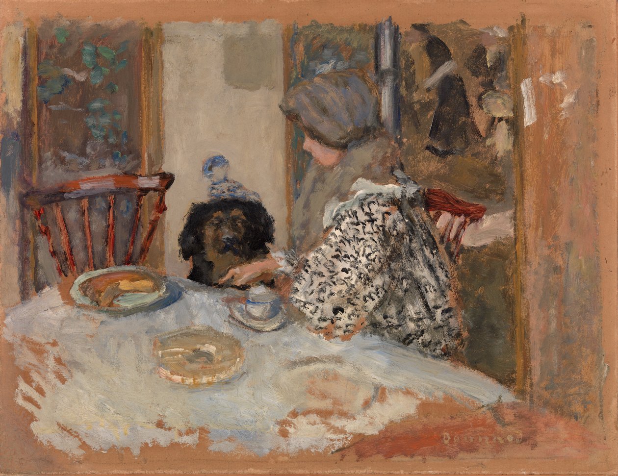 Kvinde med hund, eller kvinde og hund ved bordet af Pierre Bonnard