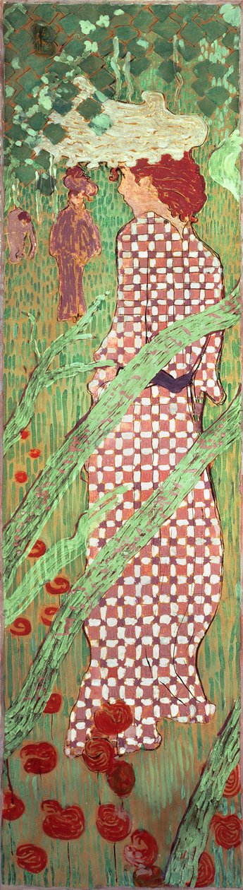 Kvinde i ternet kjole, et af fire paneler i Women in the Garden, 1891 (olie på papir på lærred) af Pierre Bonnard